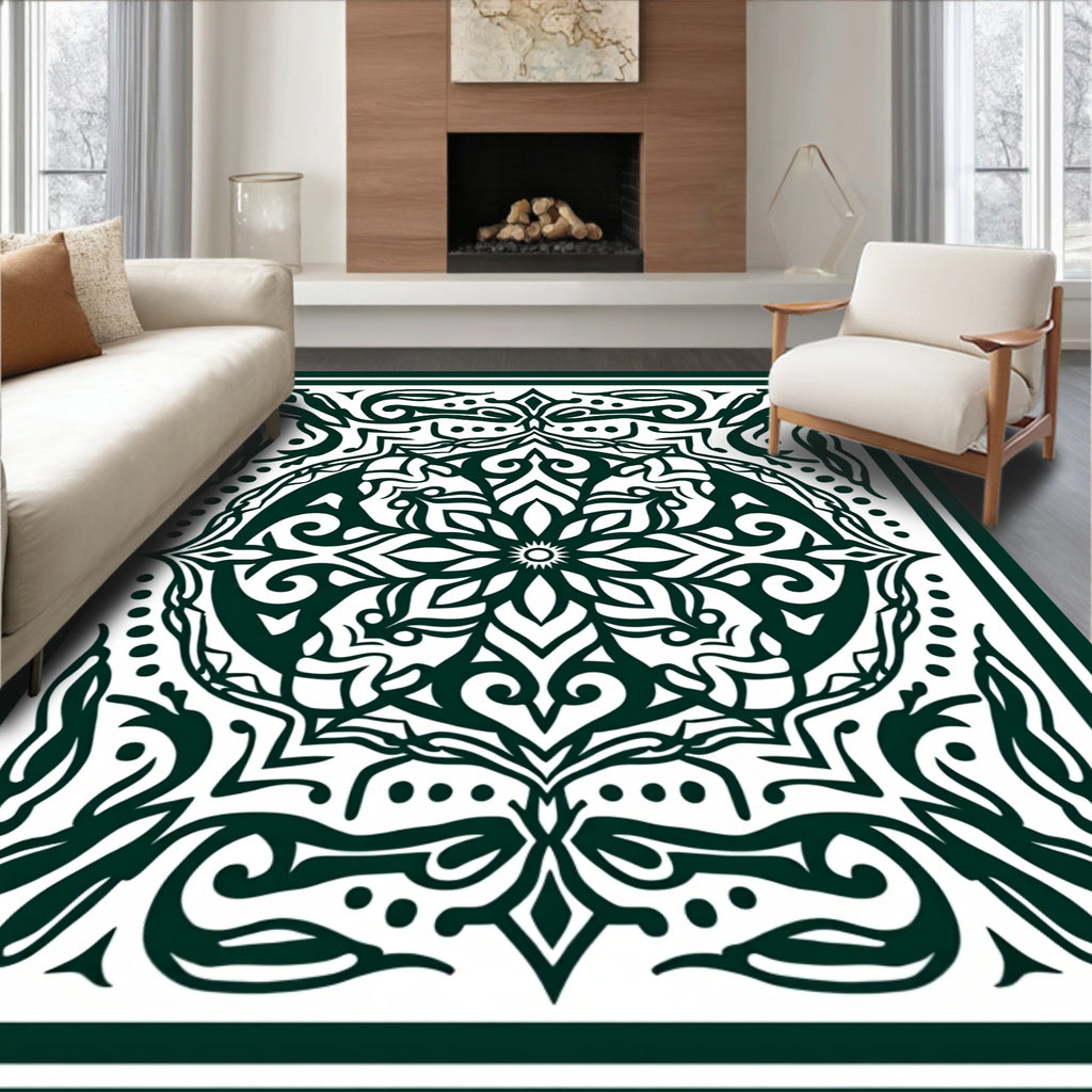 Dark Green Floral Medallion Mandala Rug