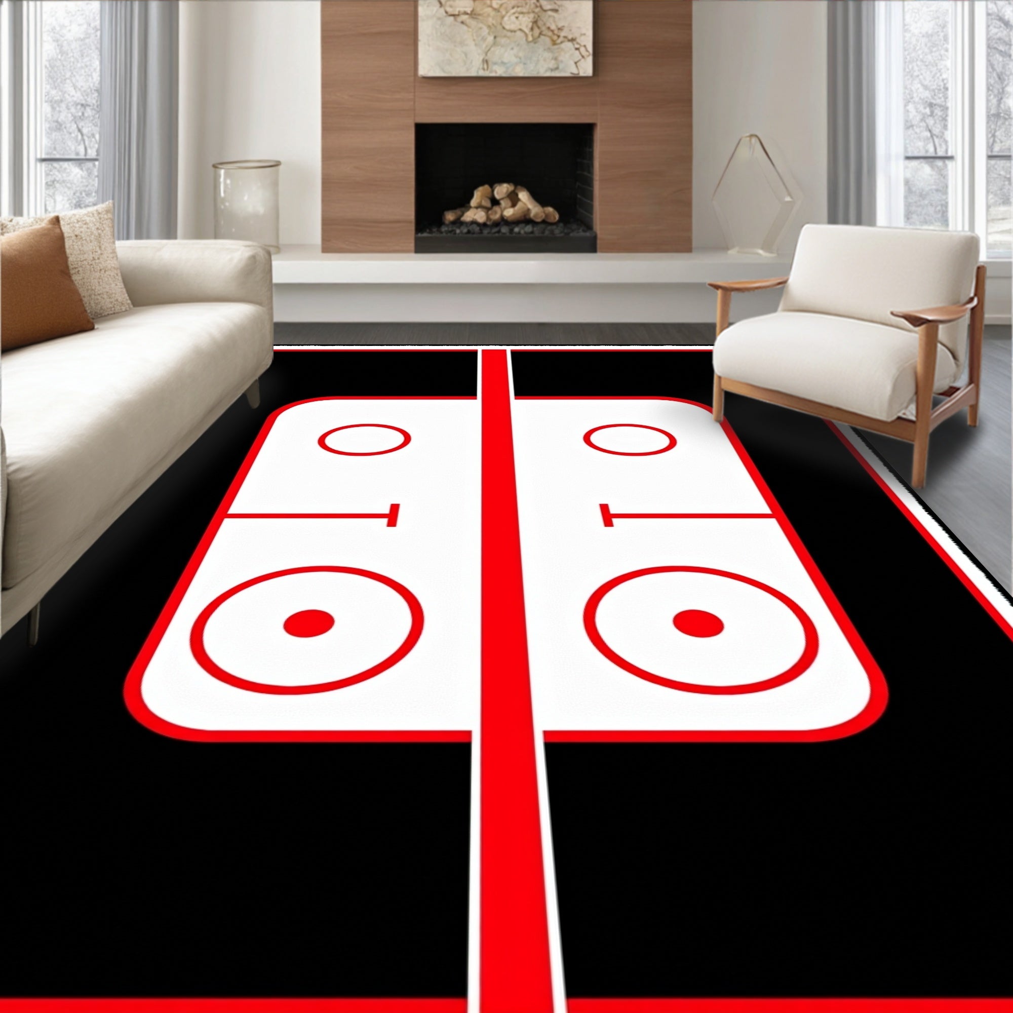 Bold Black Red Court Lines Rug