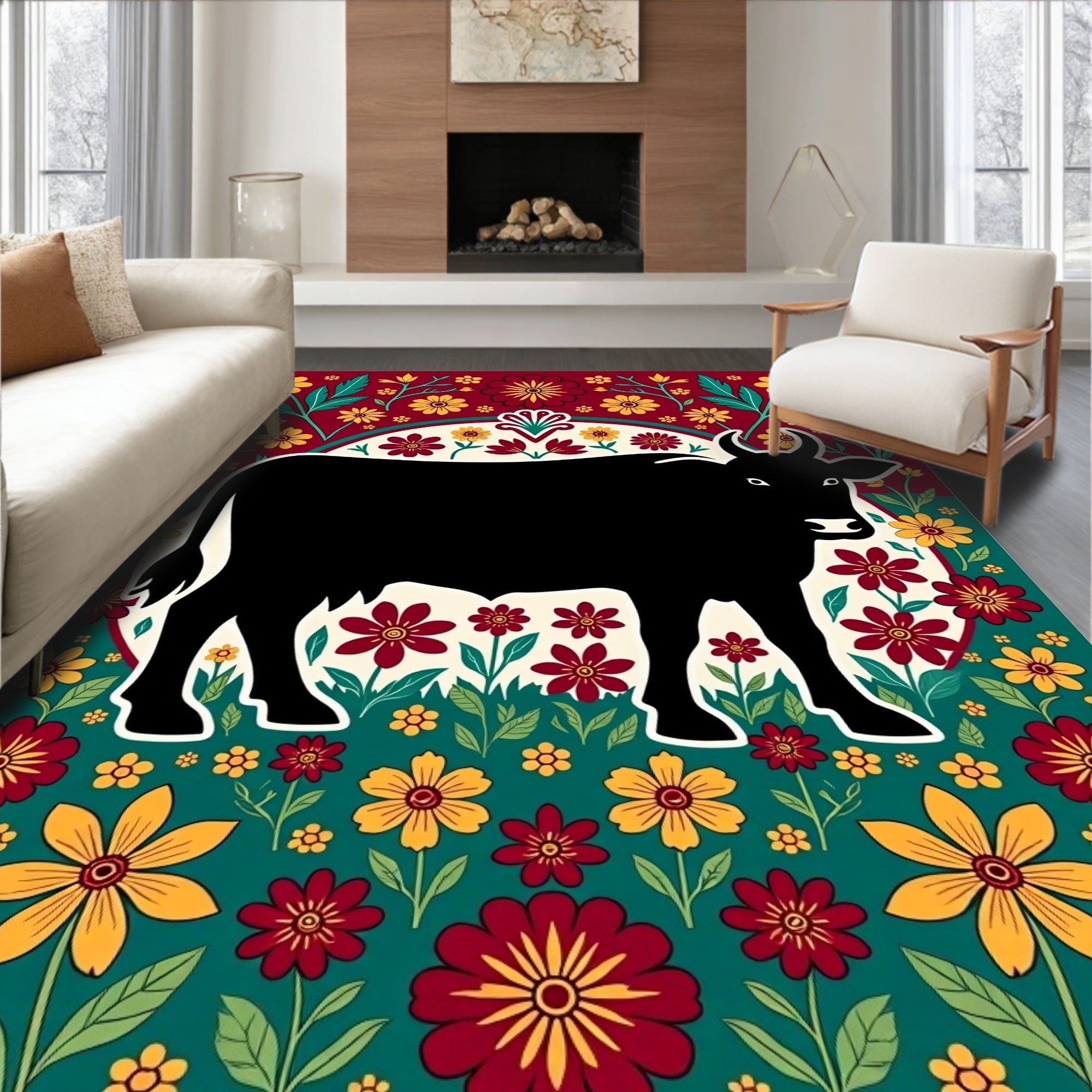 Black Cow Floral Meadow Rug