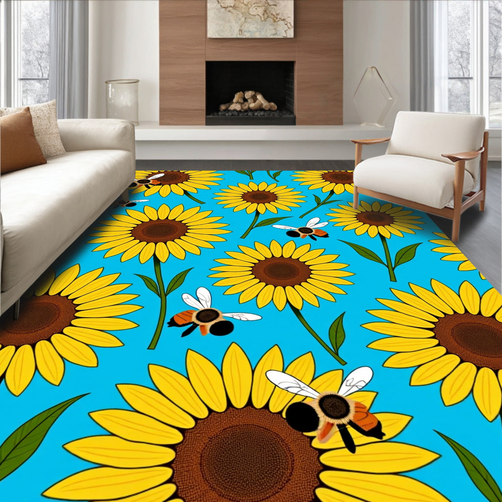 Yellow Sunflowers With Bees On Blue Rug