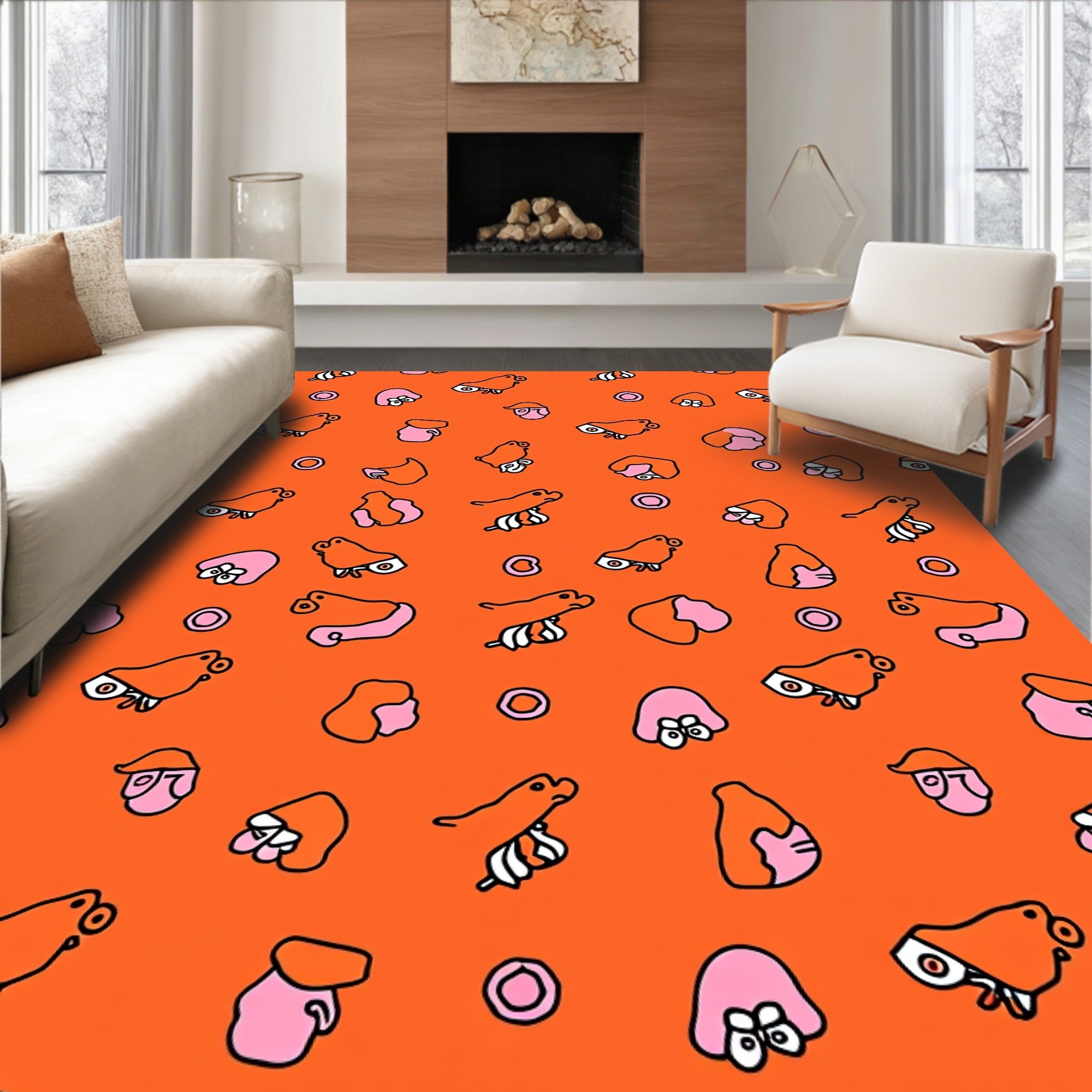 Whimsical Orange Pink Whimsical Characters Rug