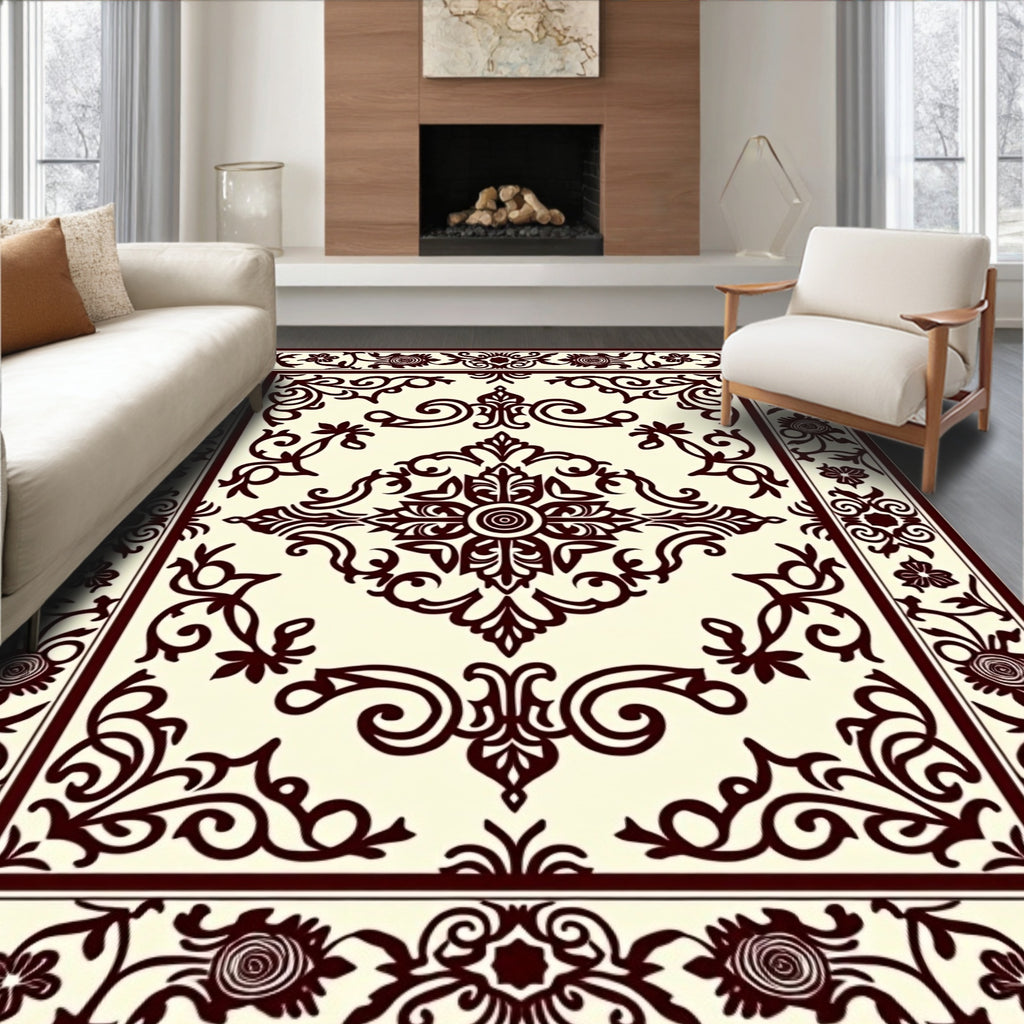 Rich Burgundy Floral Scroll Medallion Rug