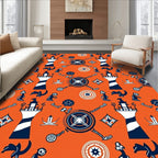 Orange White Navy Nautical Lighthouse Compass Rug