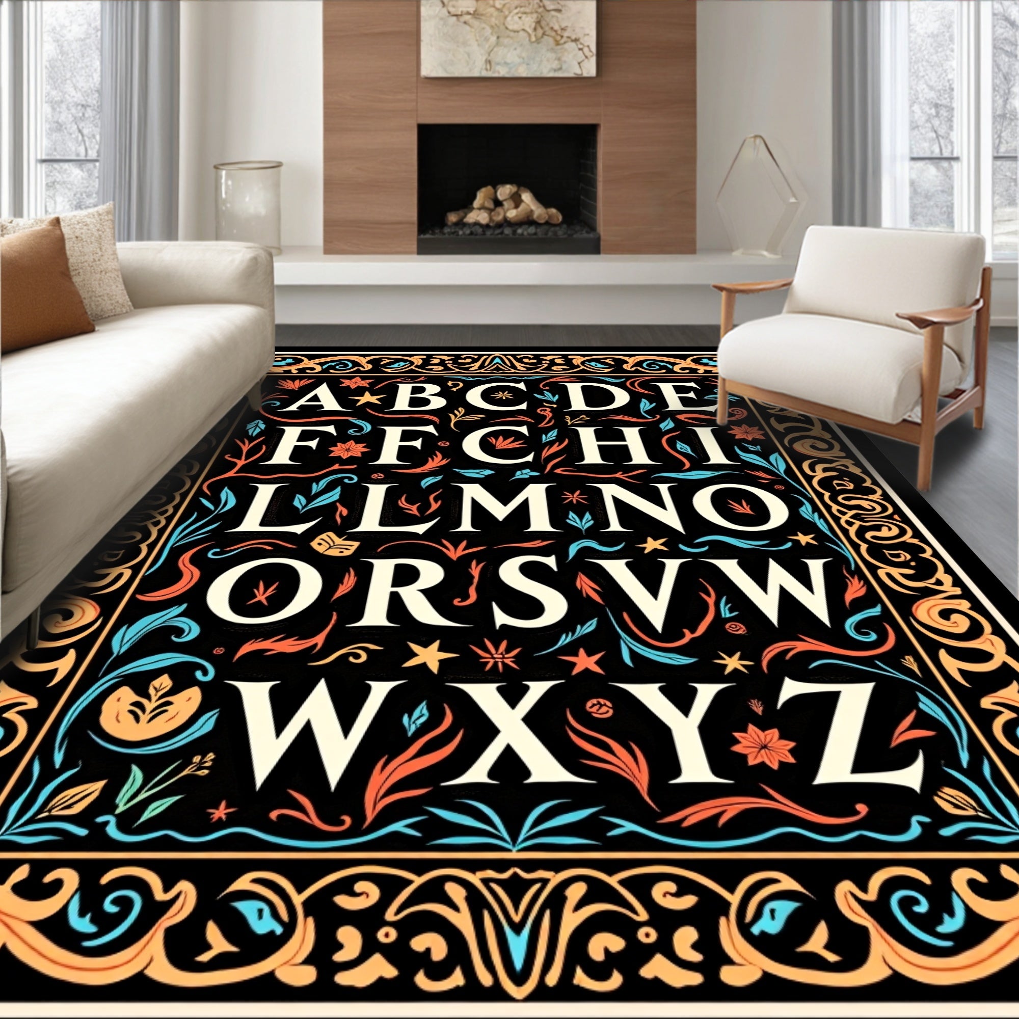 Ornate Alphabet Floral Border Print Rug