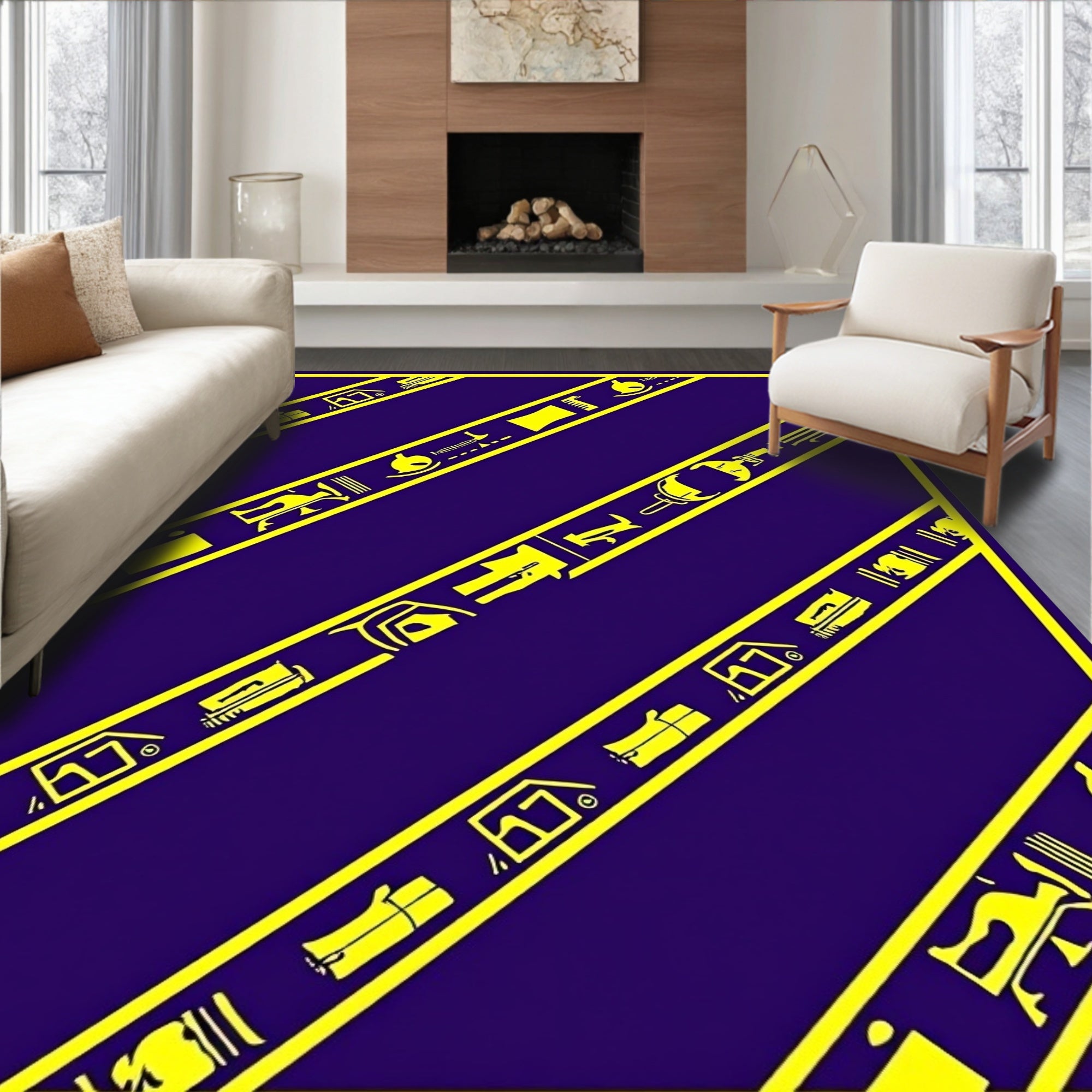 Golden Hieroglyph Stripes on Purple Rug
