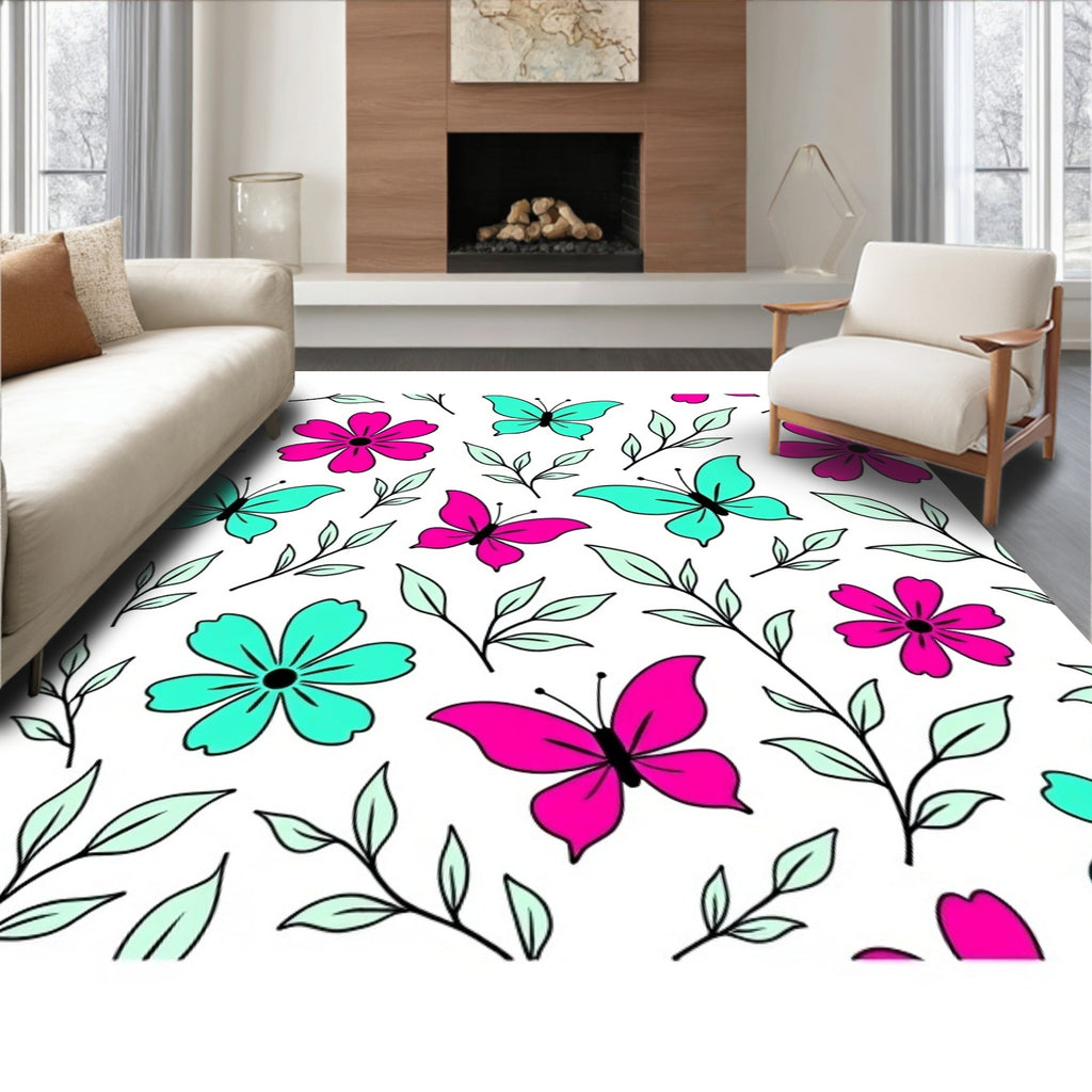 Whimsical Pink Turquoise Butterfly Floral Rug