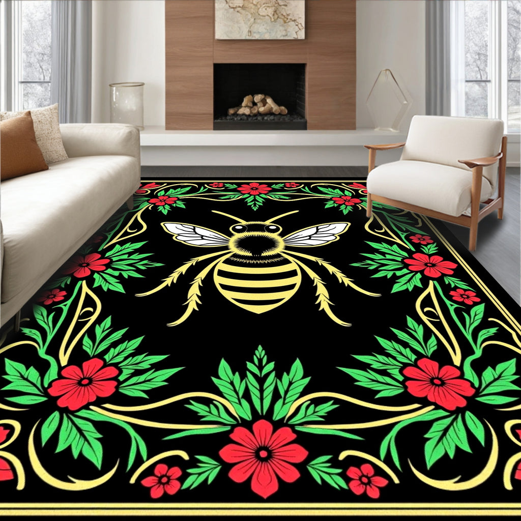 Golden Bee Floral Border Black Rug