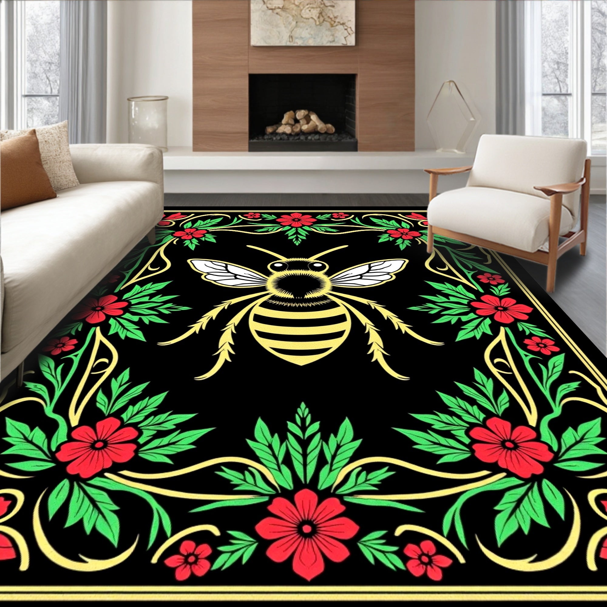 Golden Bee Floral Border Black Rug