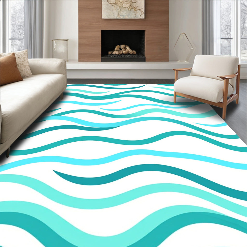 Aqua Blue Wavy Stripe Rug
