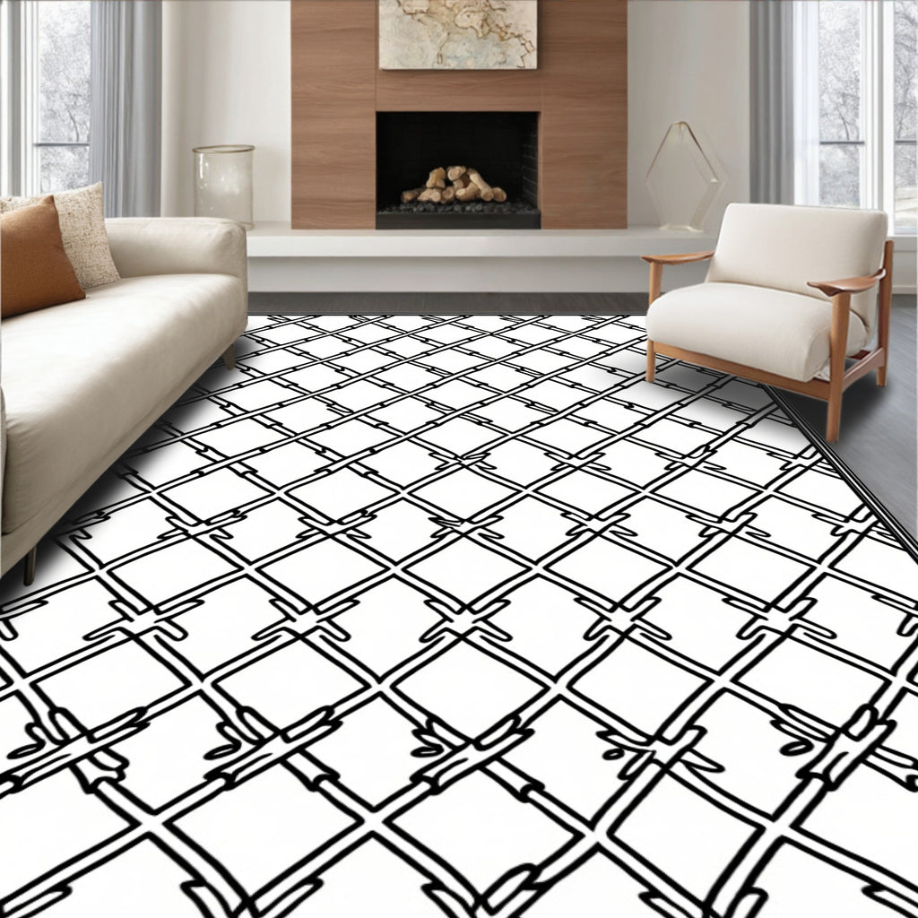 Black White Interlocking Diamond Lattice Rug