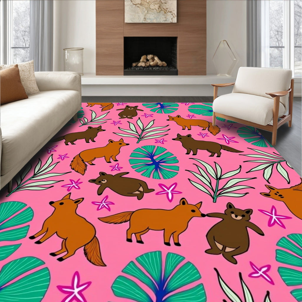 Pink Jungle Animals Lily Pad Rug