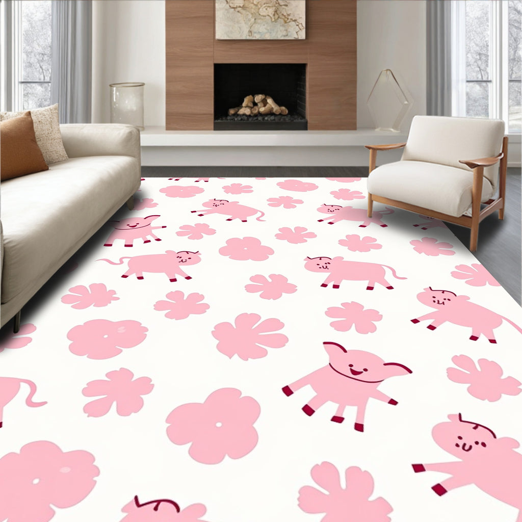 Pink Pig And Floral Field Rug