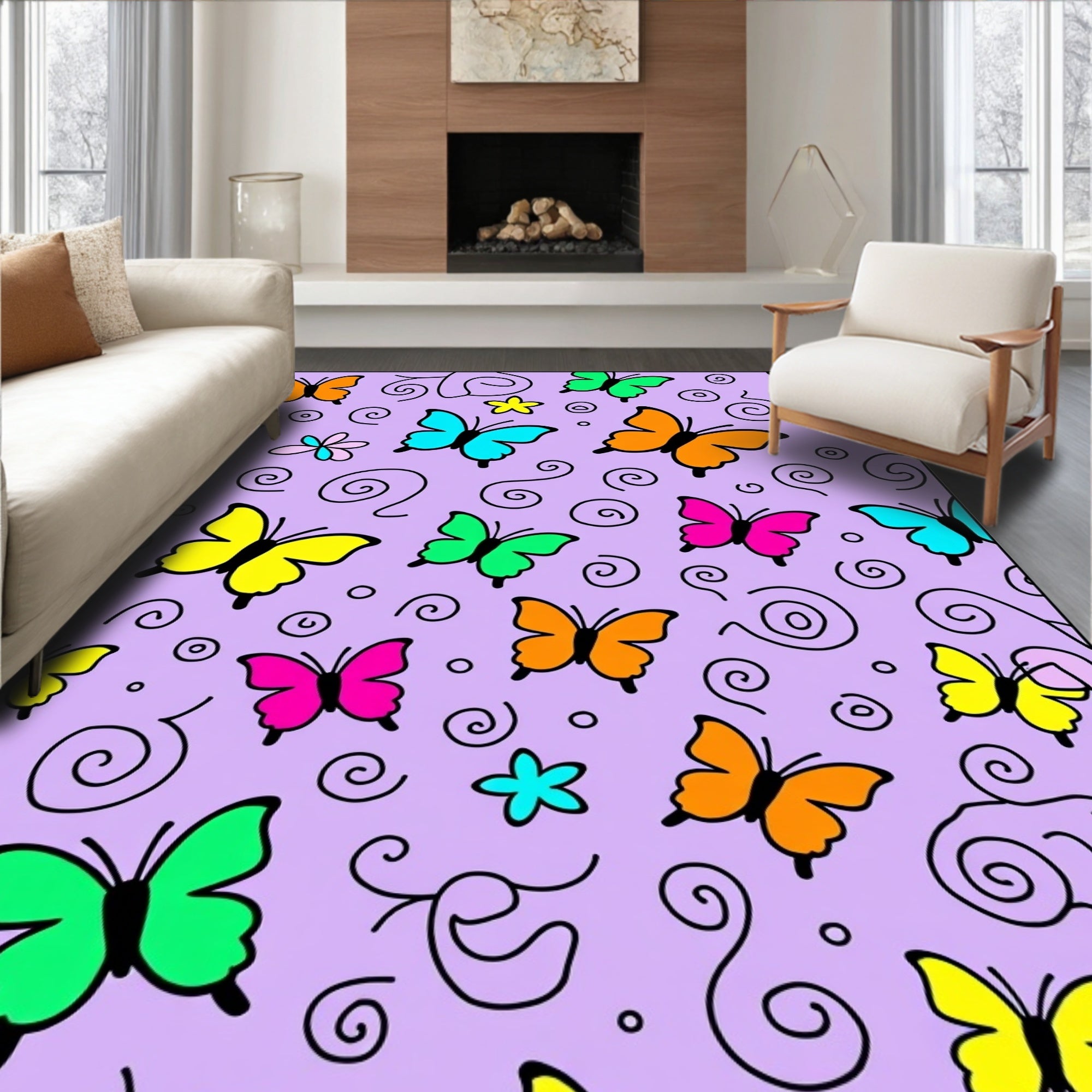 Whimsical Multicolor Butterfly Swirl Rug