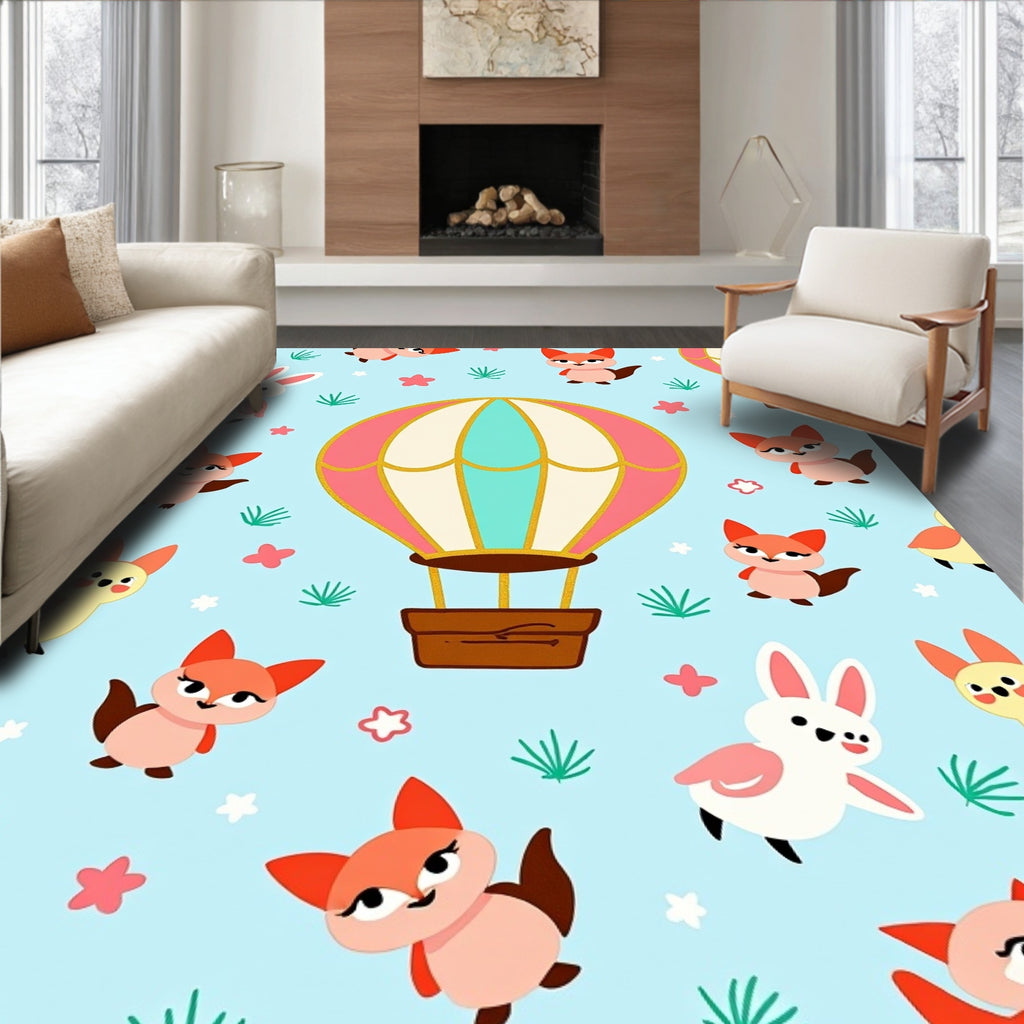 Whimsical Fox Hot Air Balloon Adventure Rug