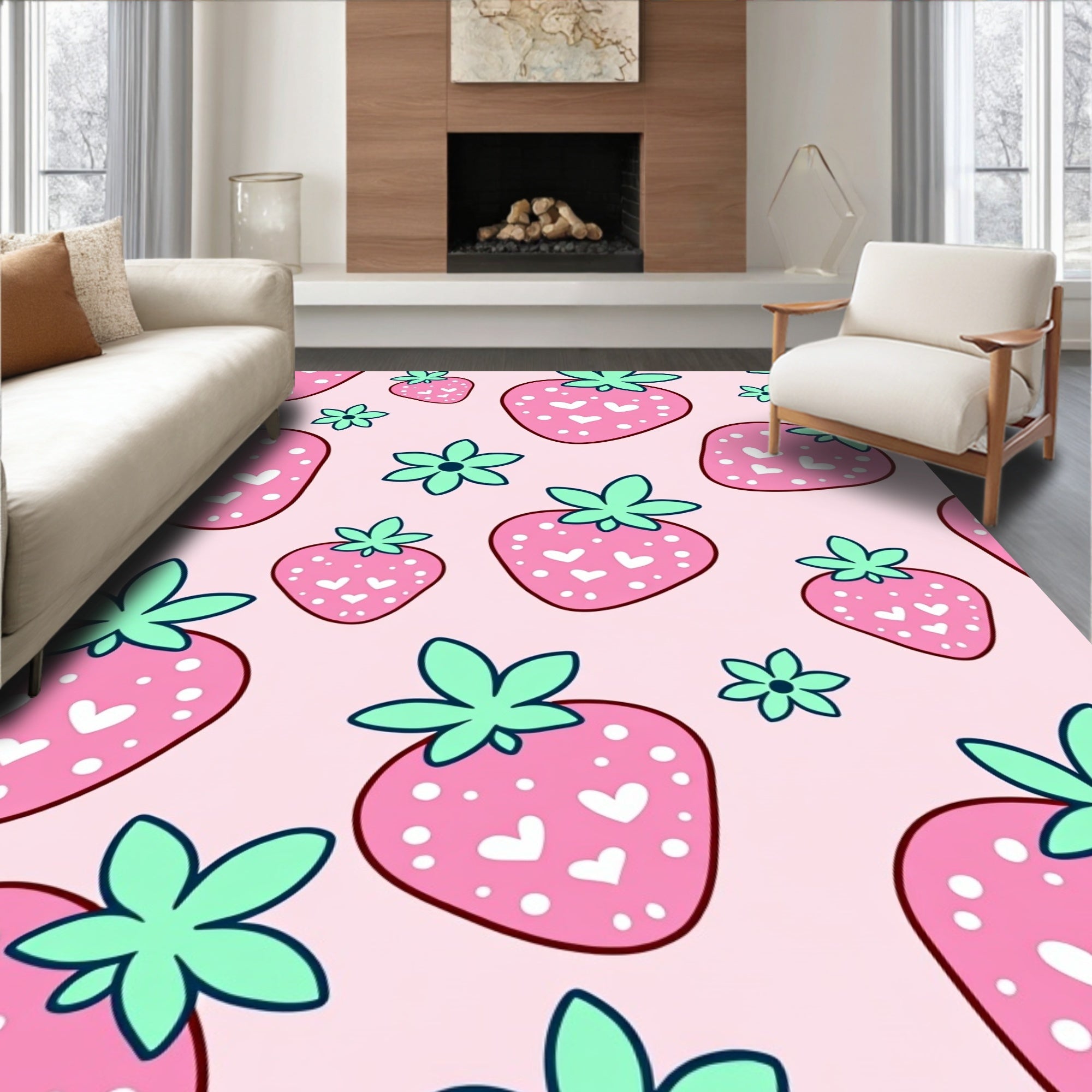 Pink Strawberry Hearts Floral Patchwork Rug