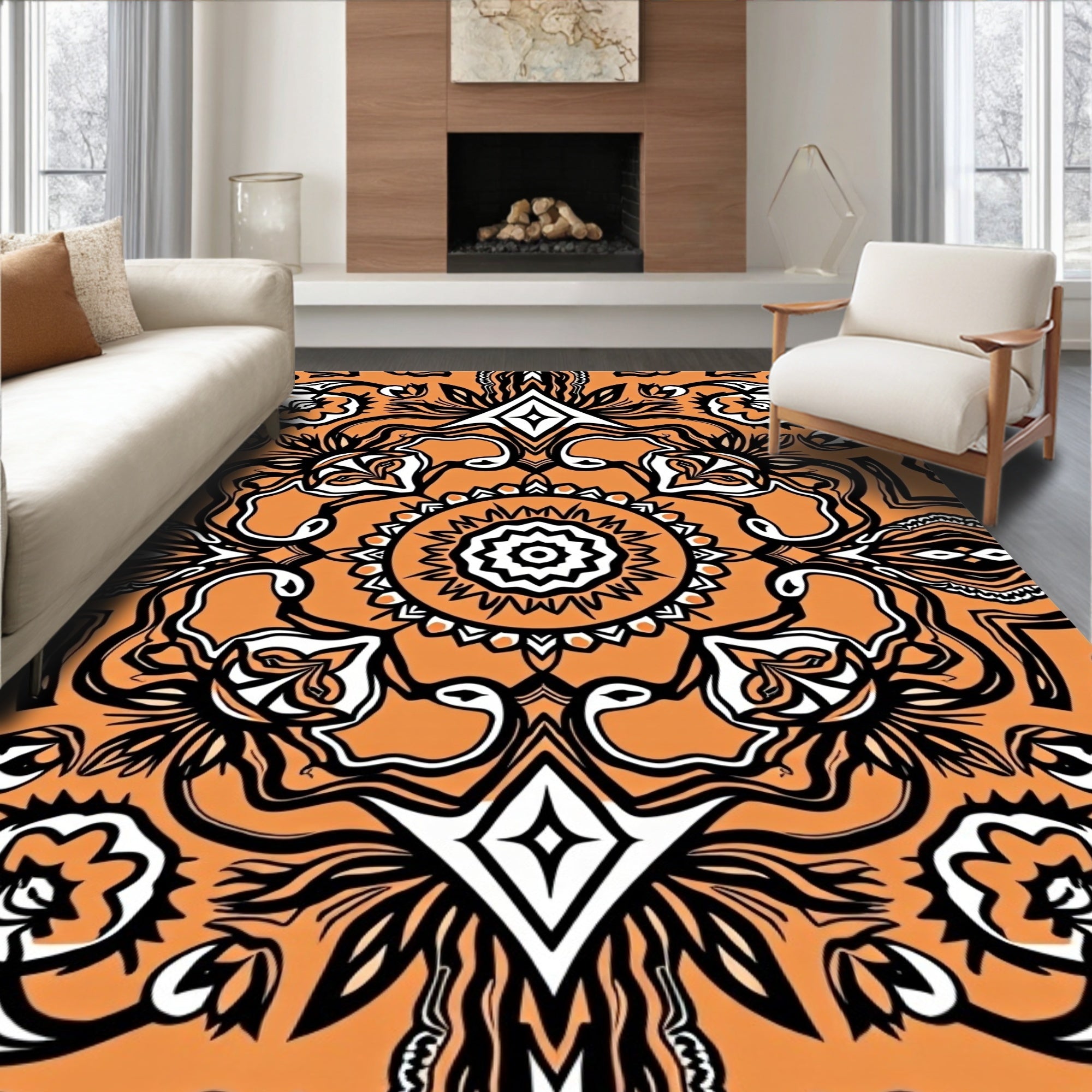 Orange Black White Paisley Medallion Rug