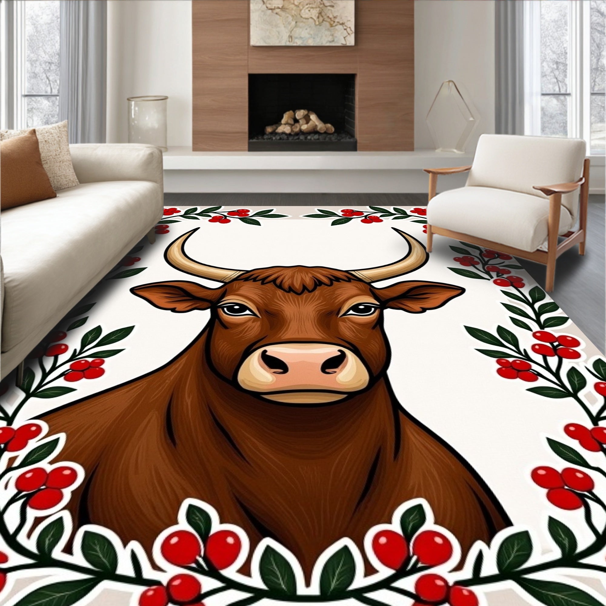 Brown Bull with Red Berry Garland Rug