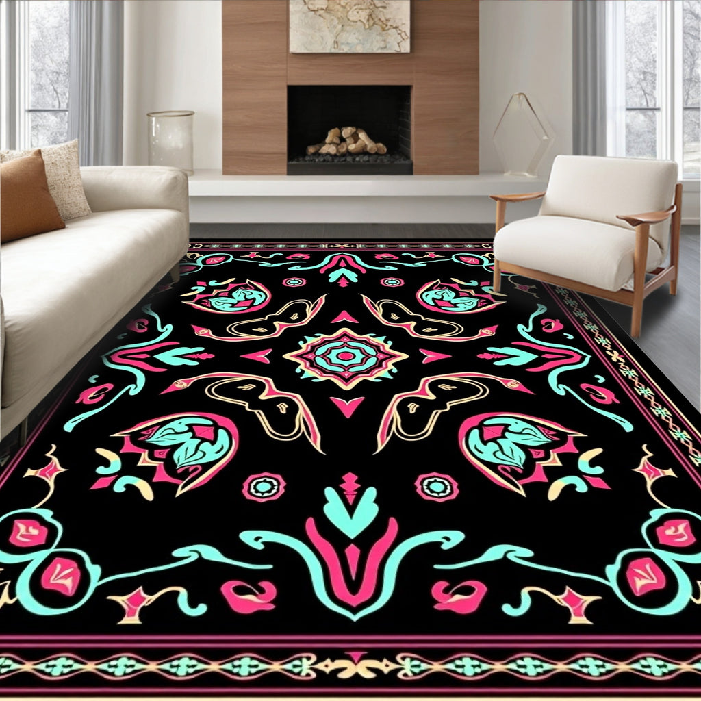 Vibrant Black Flamingo Abstract Medallion Rug