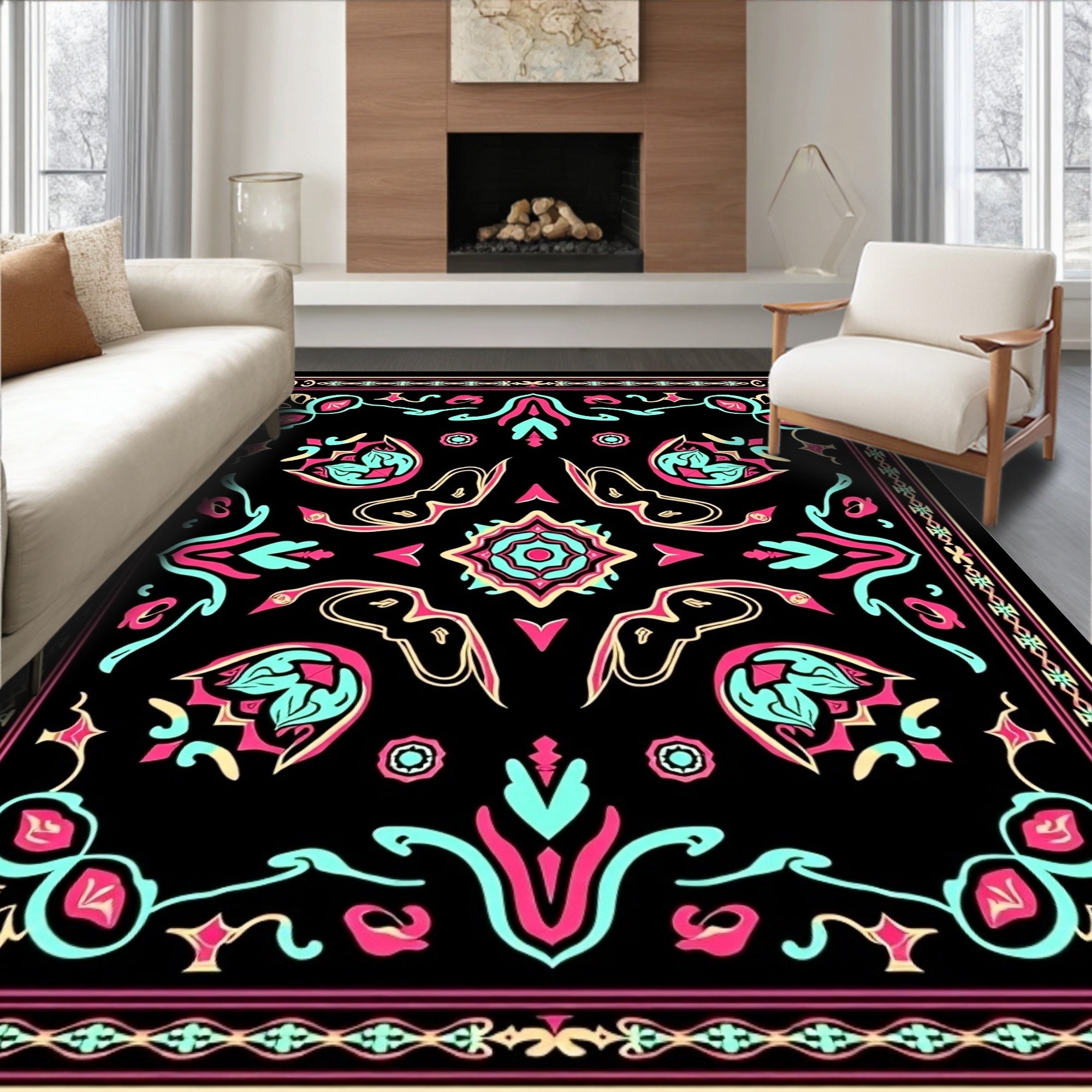 Vibrant Black Flamingo Abstract Medallion Rug