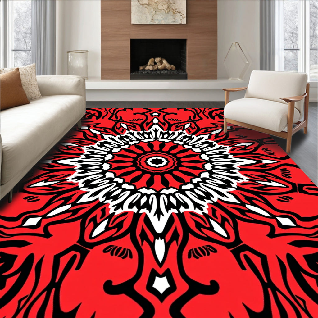 Bold Red Black Floral Starburst Rug