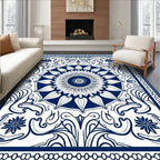 Classic Navy Floral Medallion Frame Rug