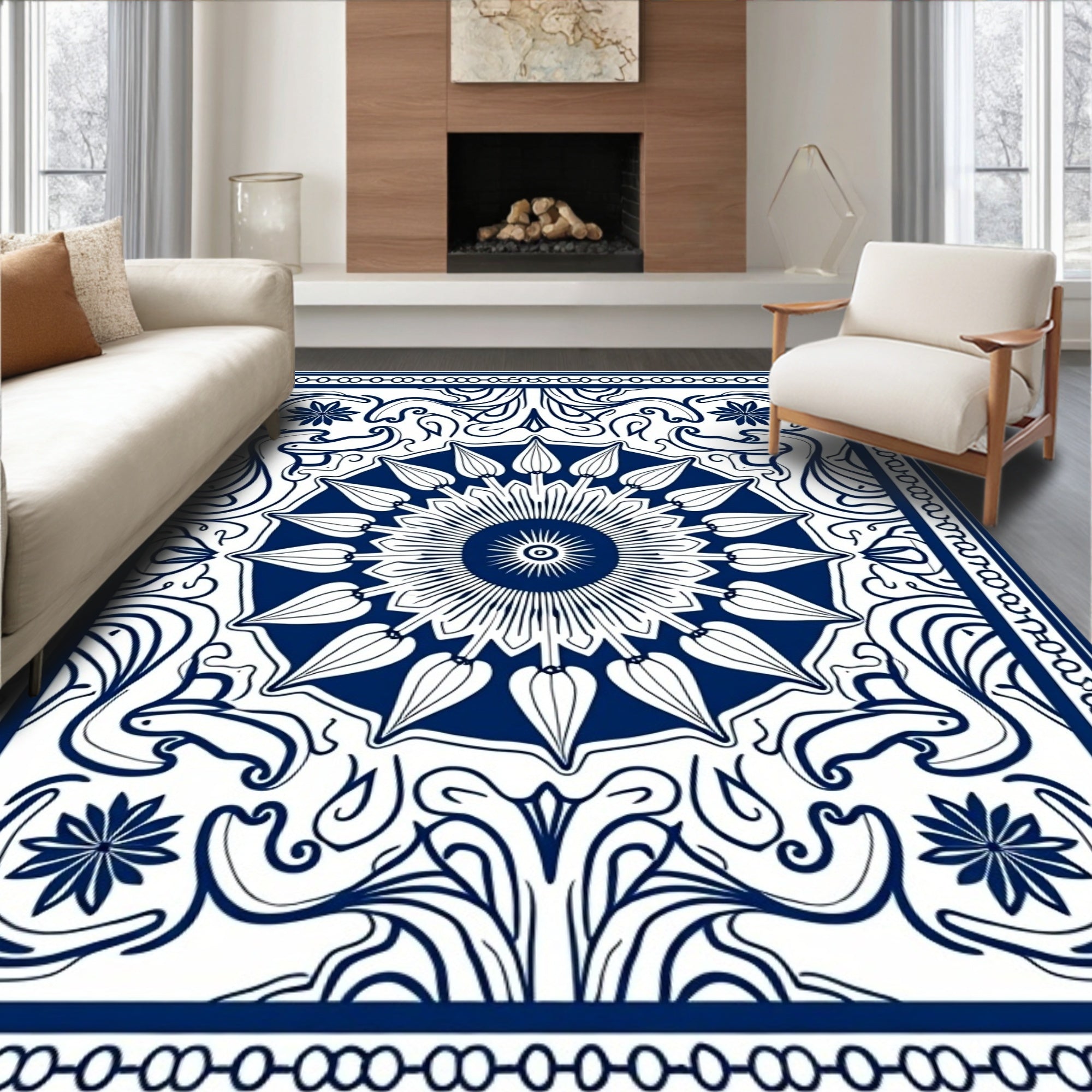 Classic Navy Floral Medallion Frame Rug