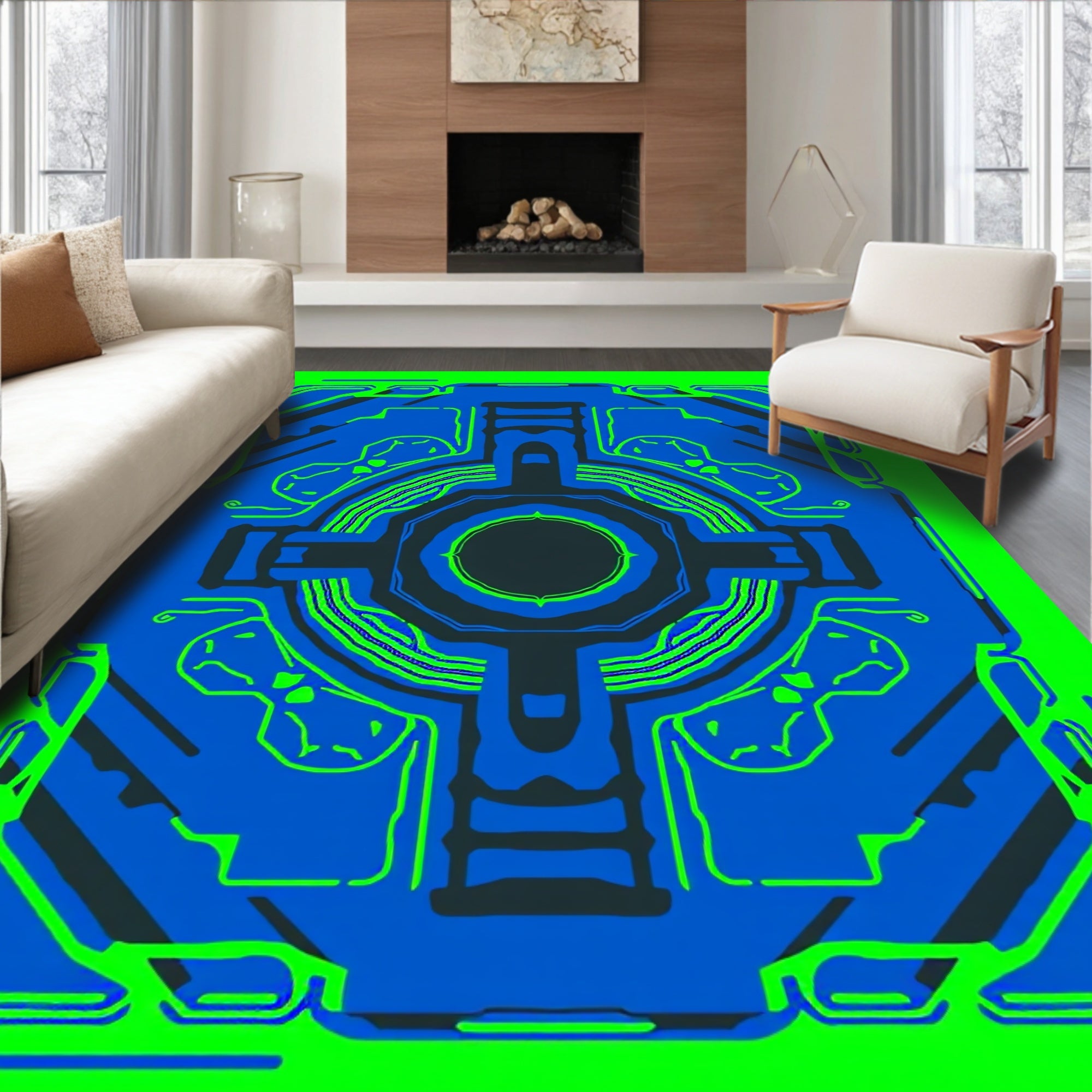 Bright Neon Blue Geometric Schematic Rug