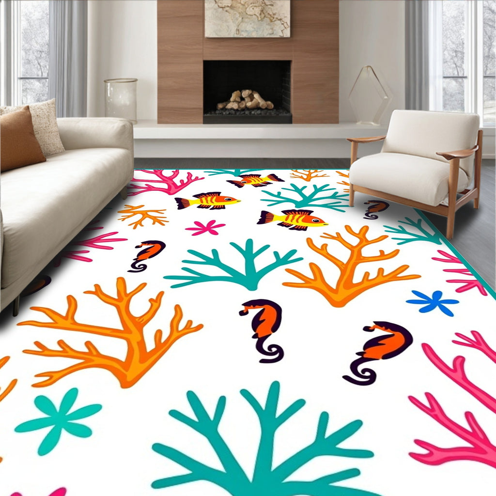Coral Reef Clownfish and Seahorse Garden Rug