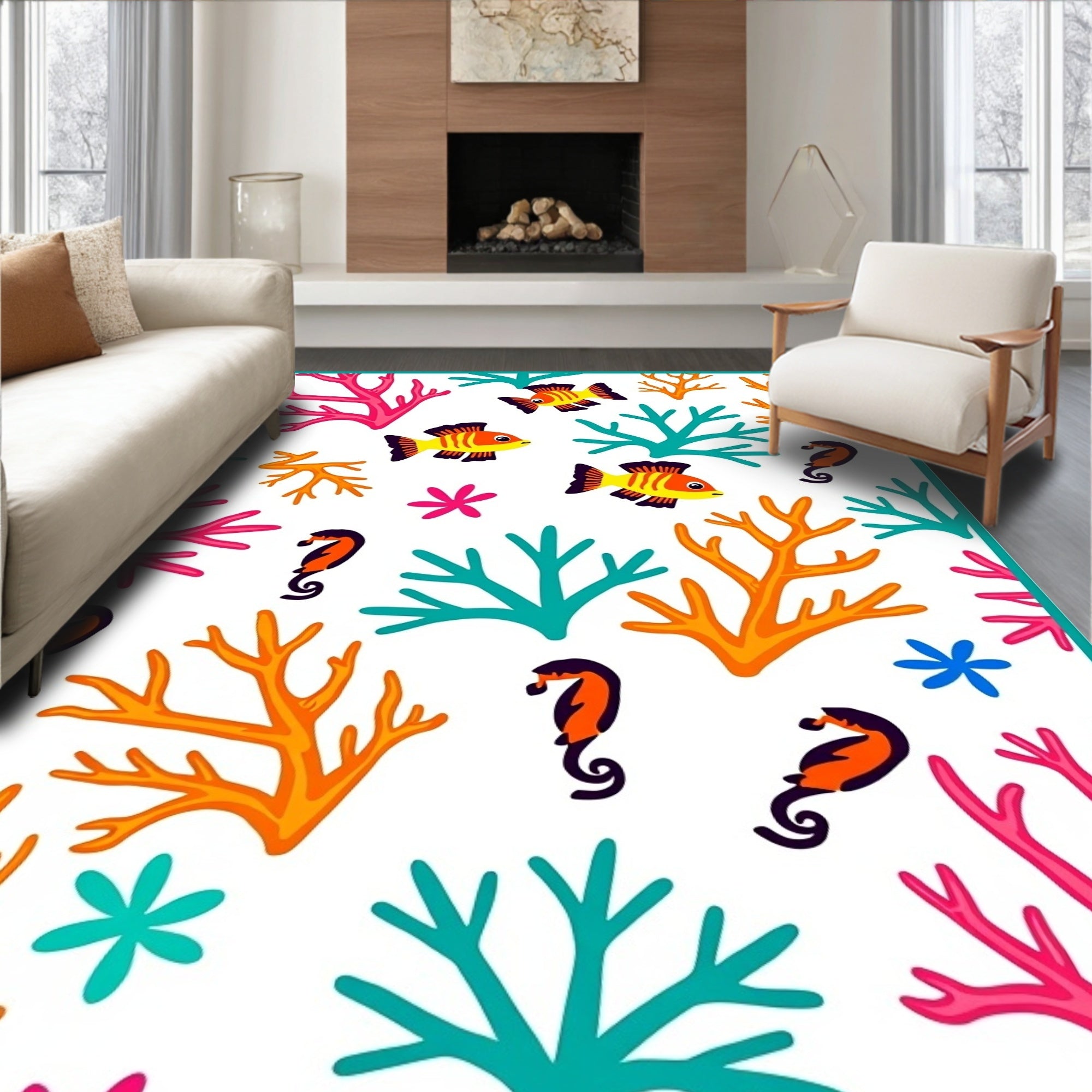 Coral Reef Clownfish and Seahorse Garden Rug
