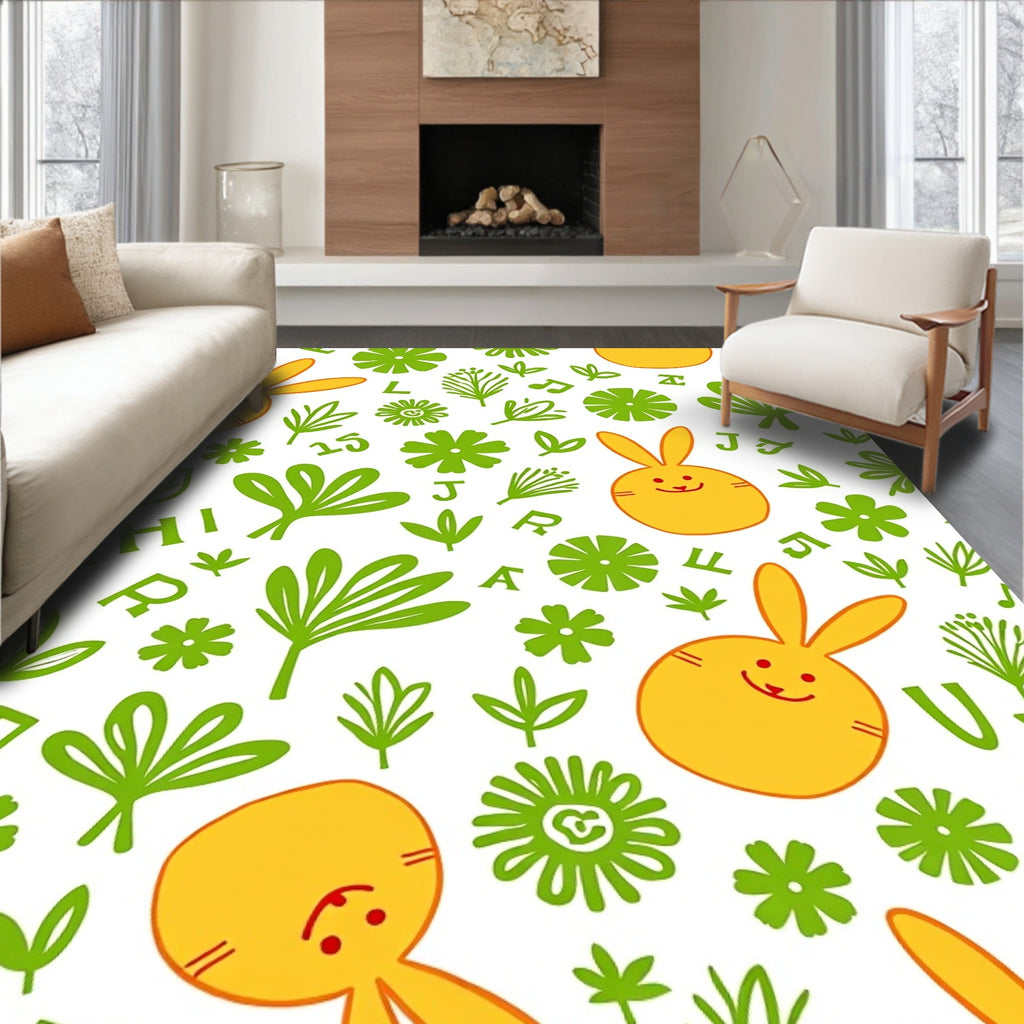Playful Yellow Bunny Greenery Alphabet Rug