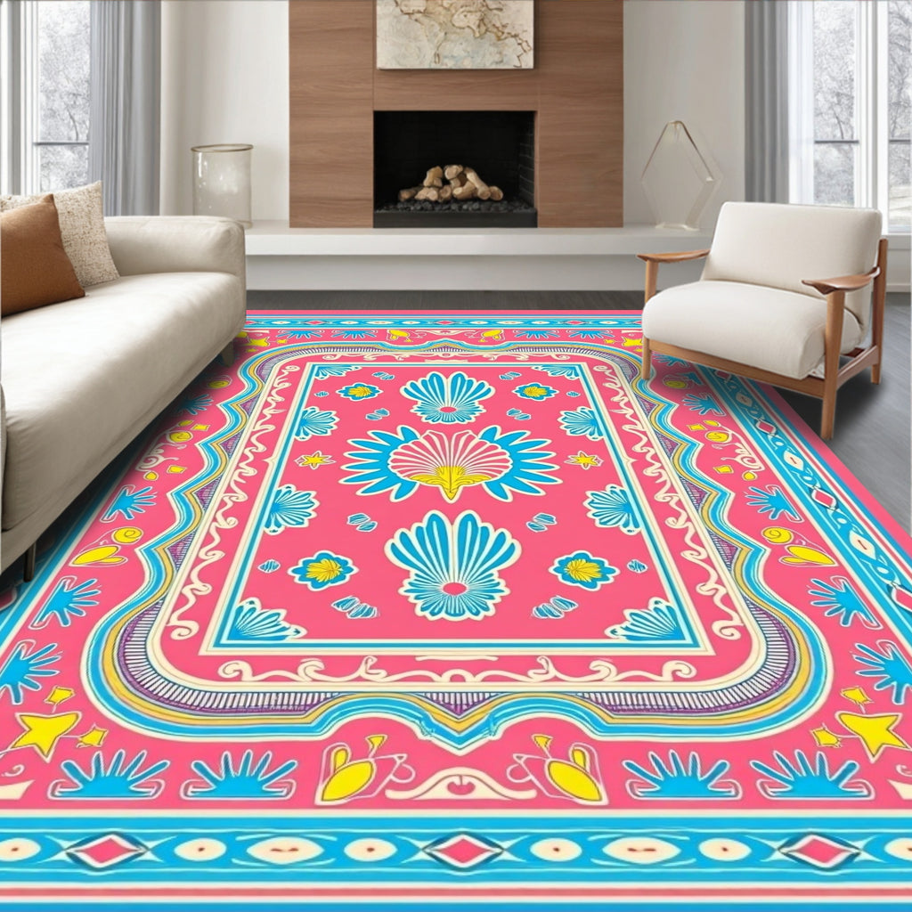 Vibrant Pink Blue Floral Medallion Rug
