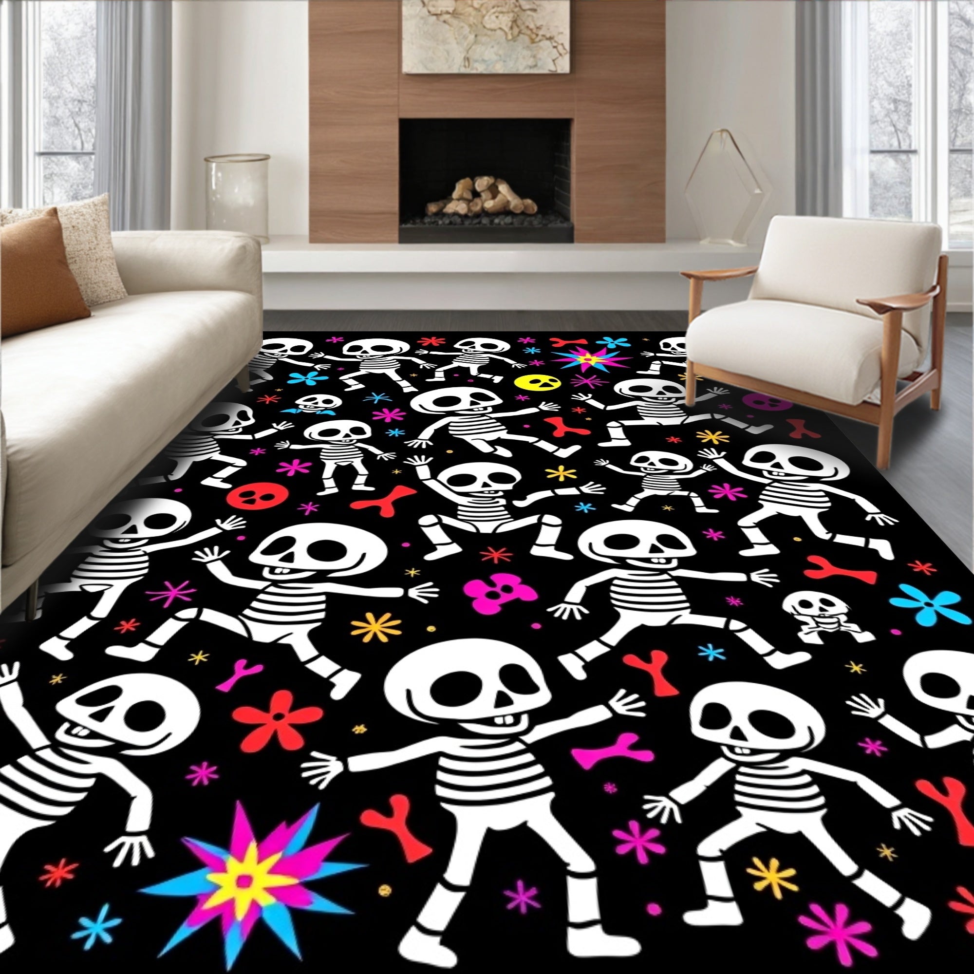 Playful Skeleton Celebration Black Background Rug
