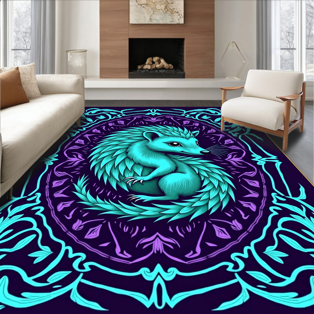 Turquoise Hedgehog Amidst Floral Mandala Rug