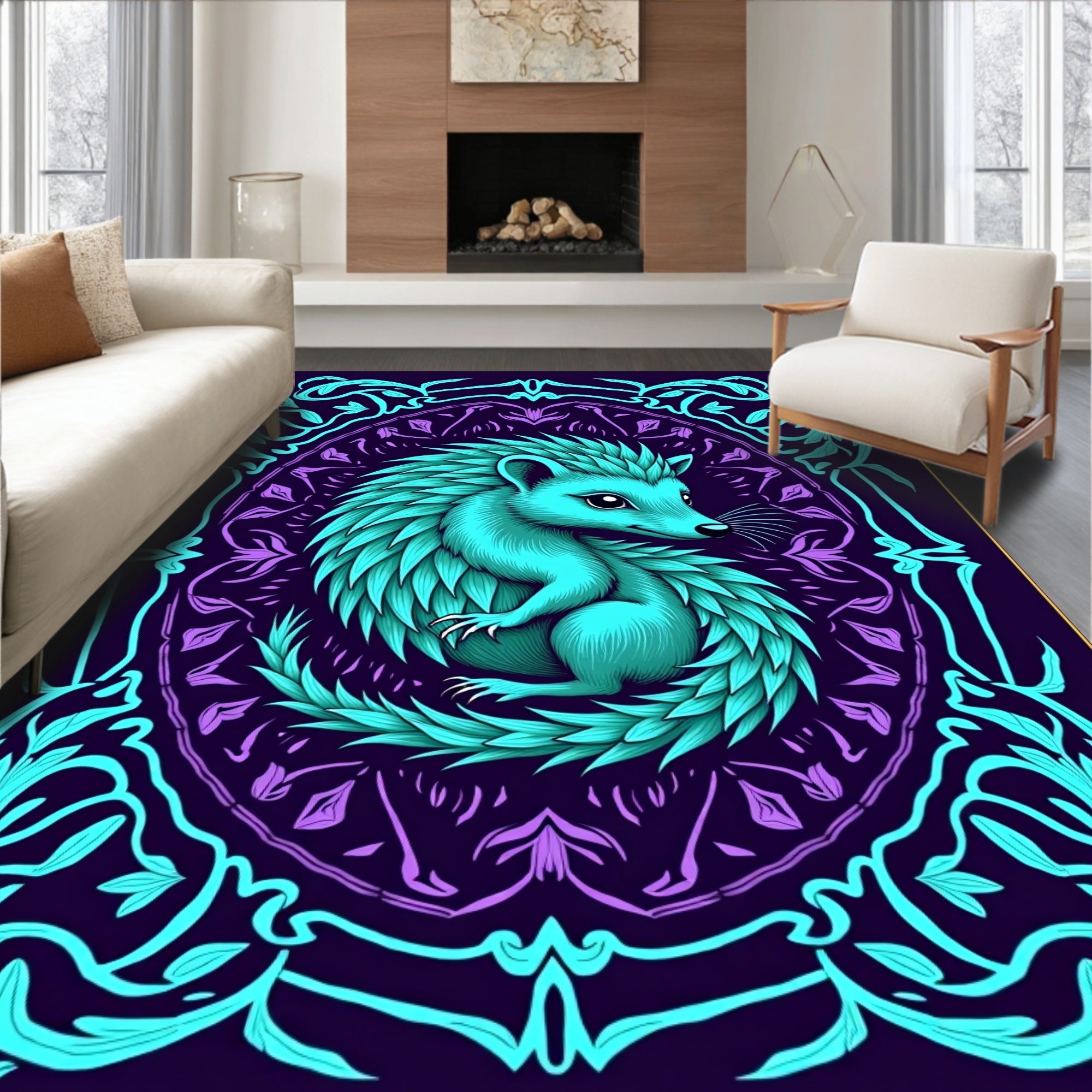Turquoise Hedgehog Amidst Floral Mandala Rug