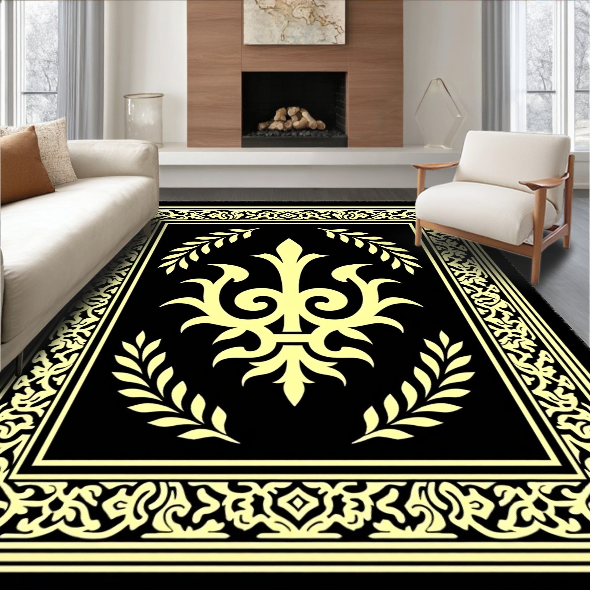 Black Yellow Ornate Laurel Medallion Rug
