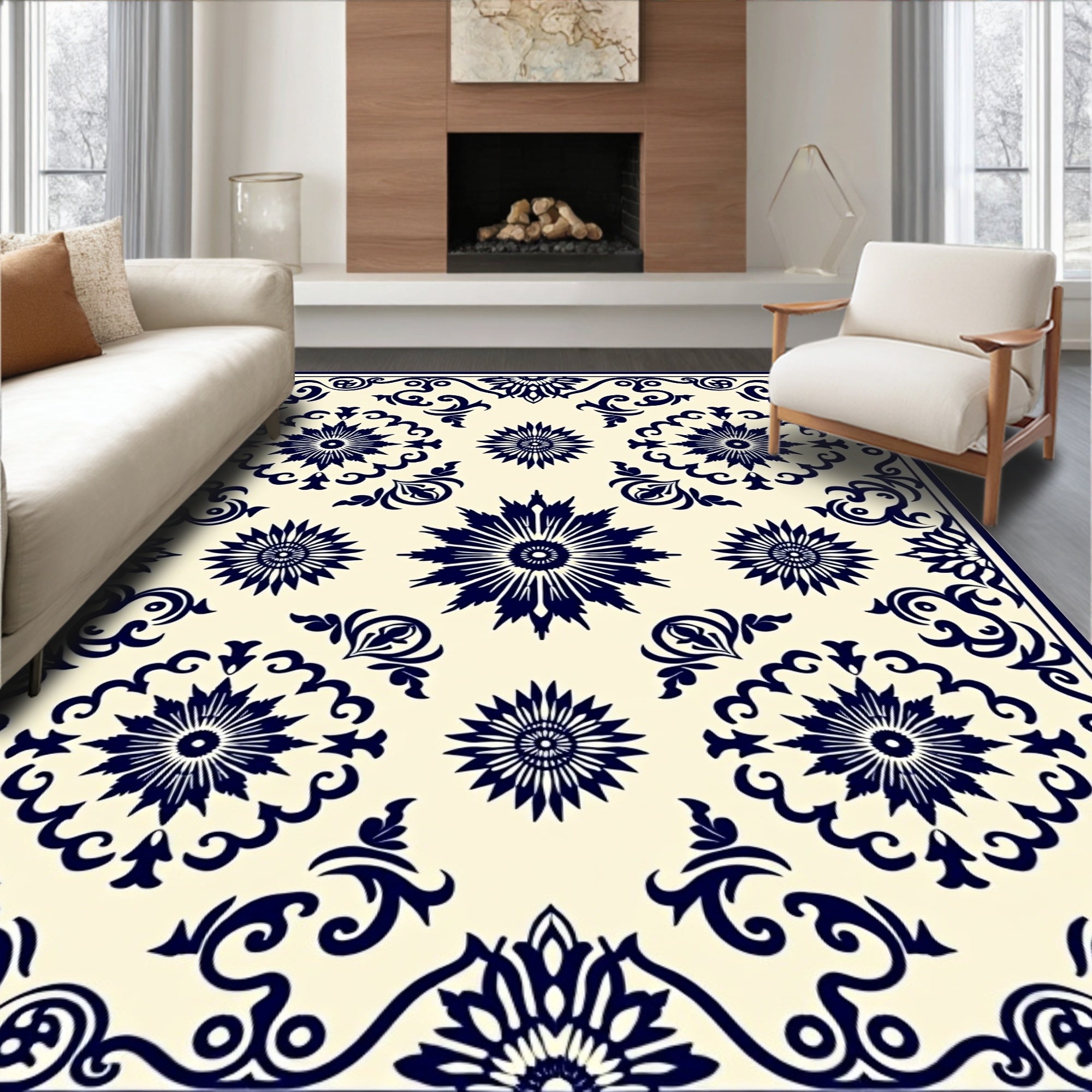 Dark Blue Sunburst Floral Medallion Rug