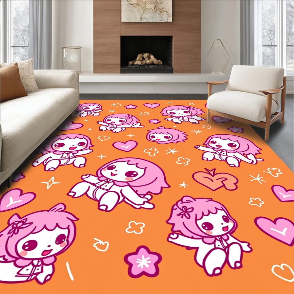 Cute Pink Kawaii Characters Hearts Rug