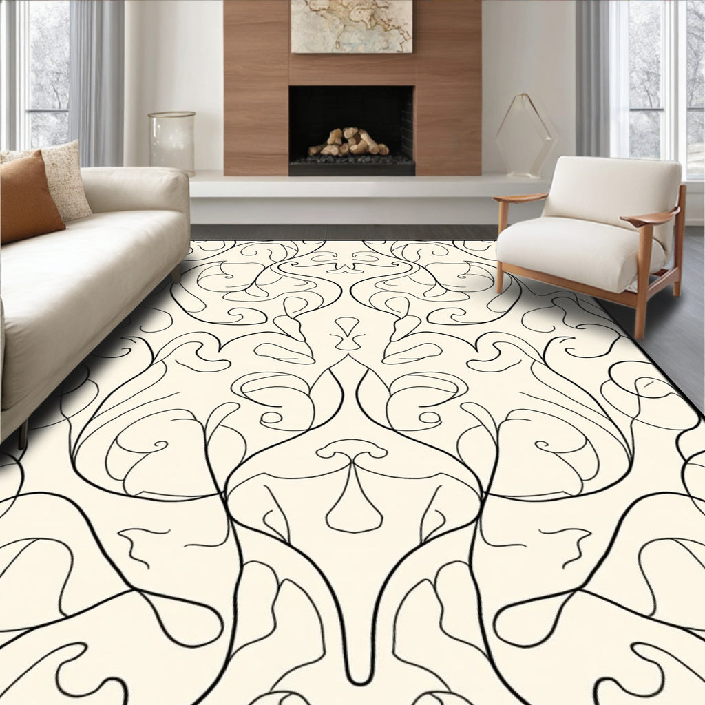 Cream Black Swirling Botanical Damask Rug
