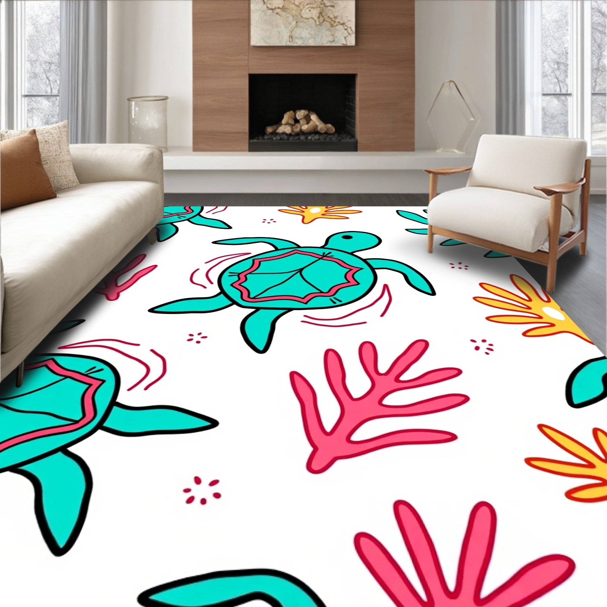 Aqua Turtle Coral Reef Scene Rug
