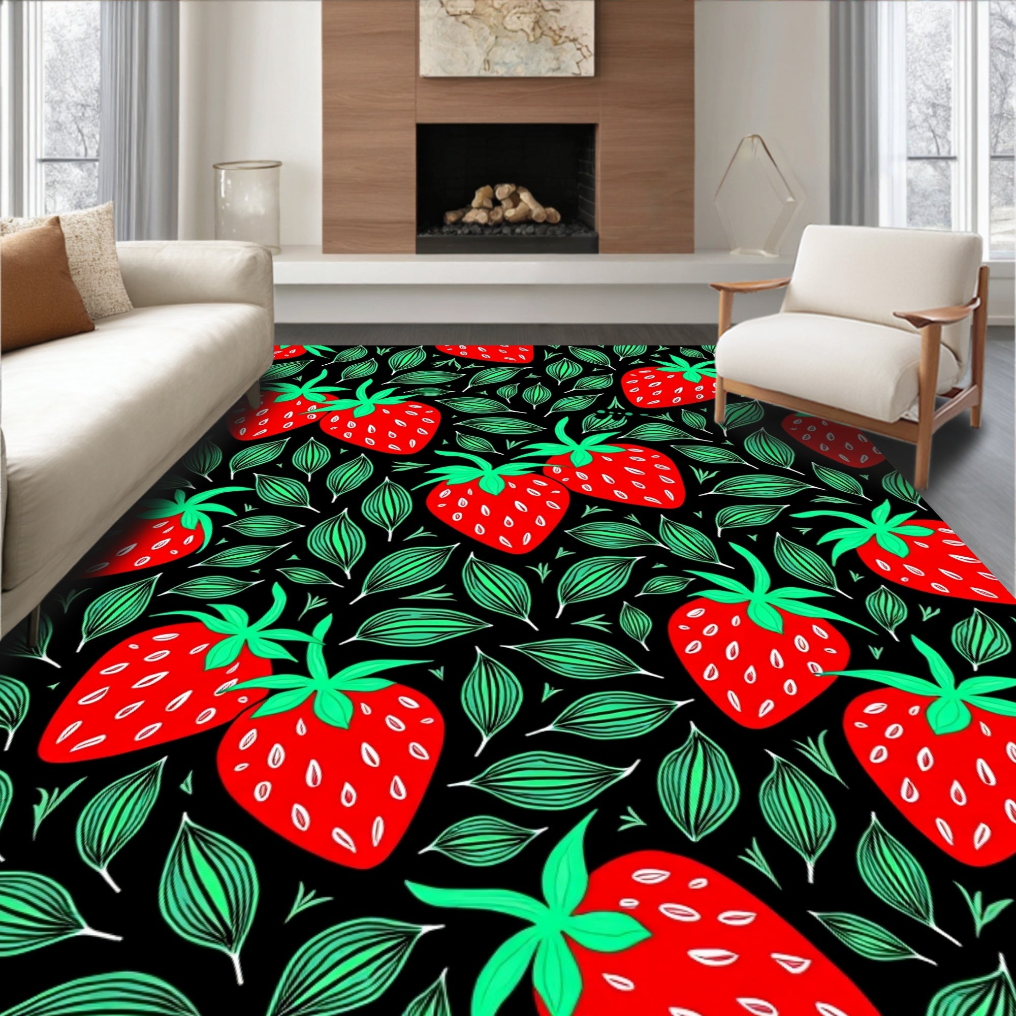 Red Strawberry Garden Black Accent Rug