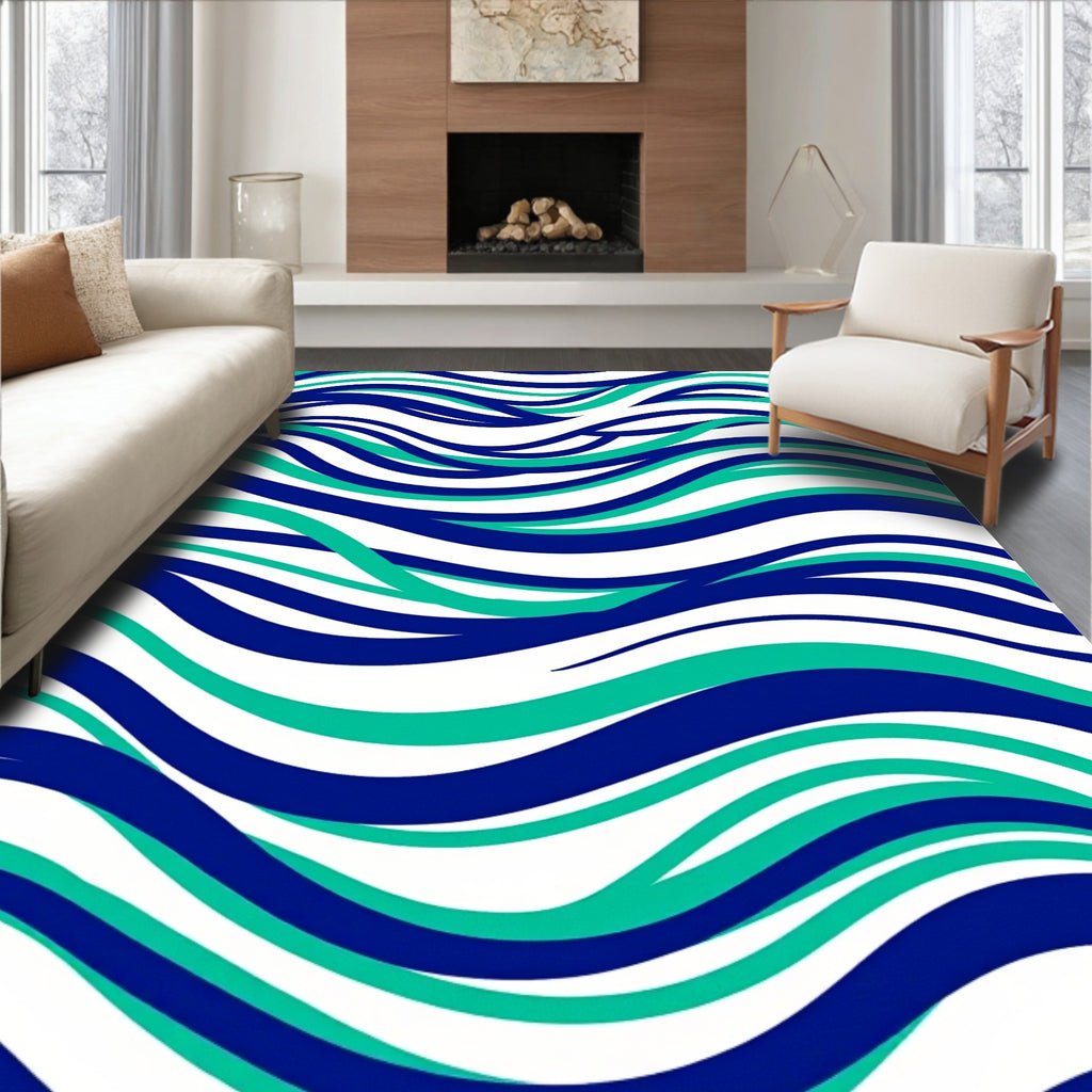 Vivid Teal Blue Wavy Lines Rug
