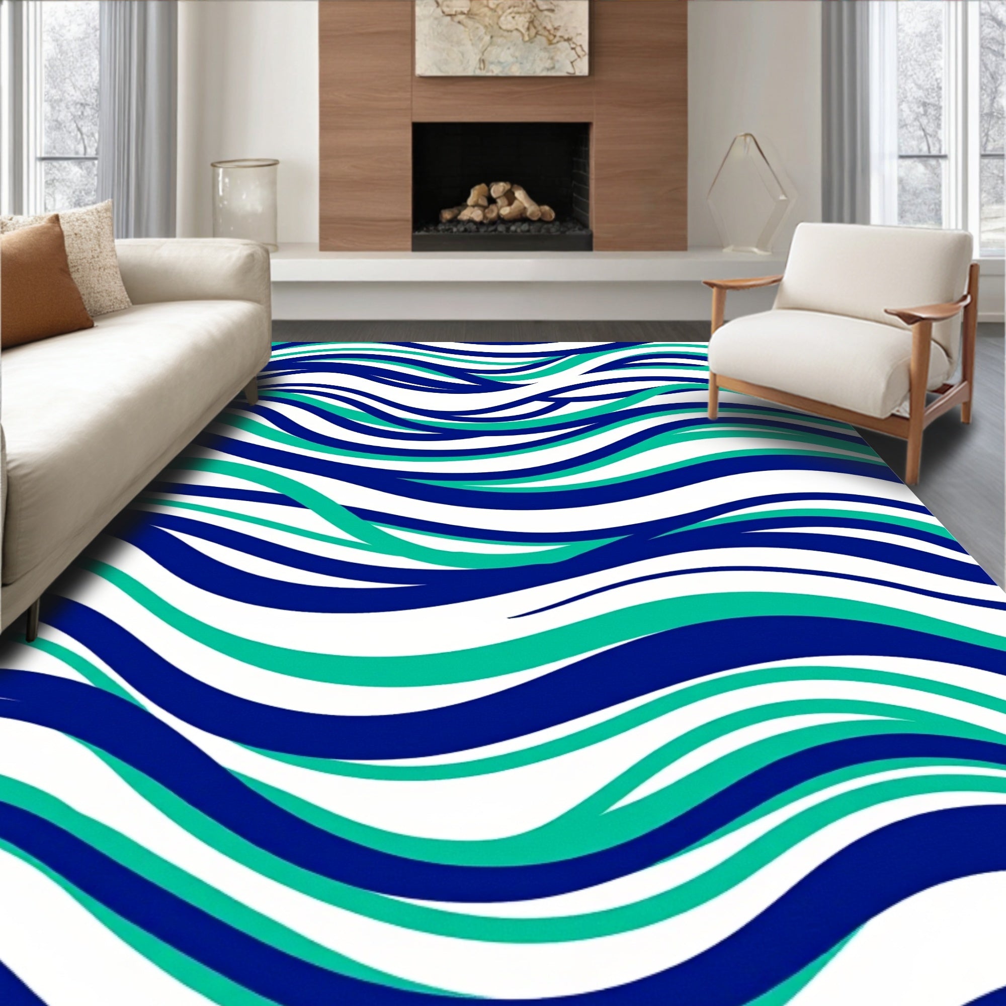 Vivid Teal Blue Wavy Lines Rug