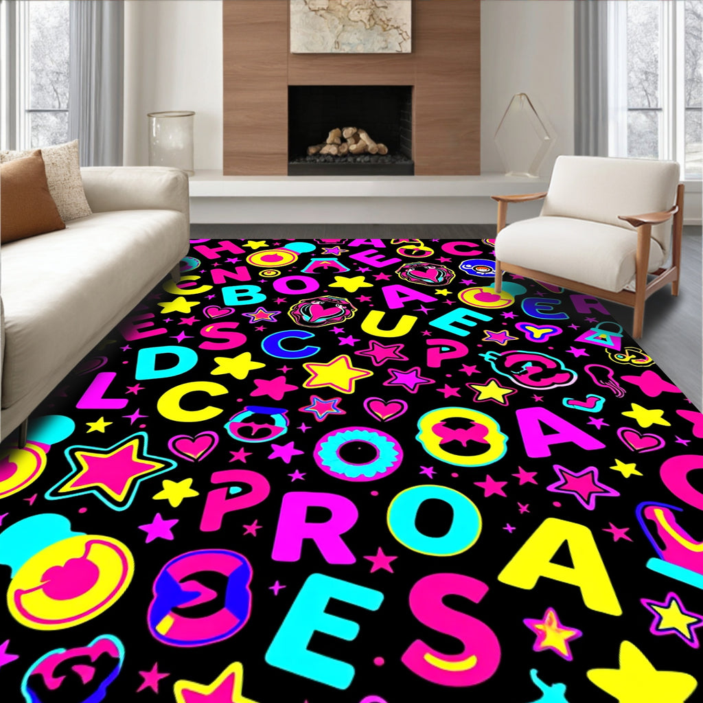 Vivid Neon Alphabet Stars Hearts Rug