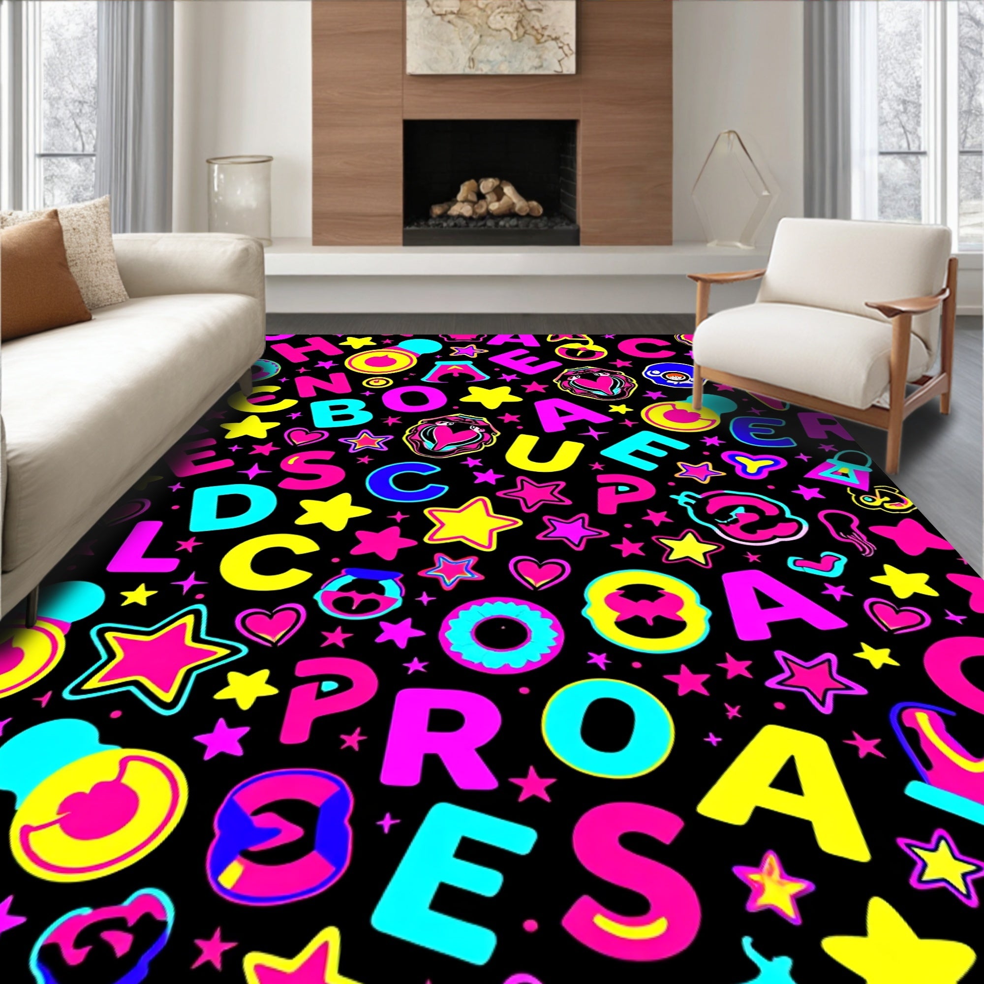 Vivid Neon Alphabet Stars Hearts Rug