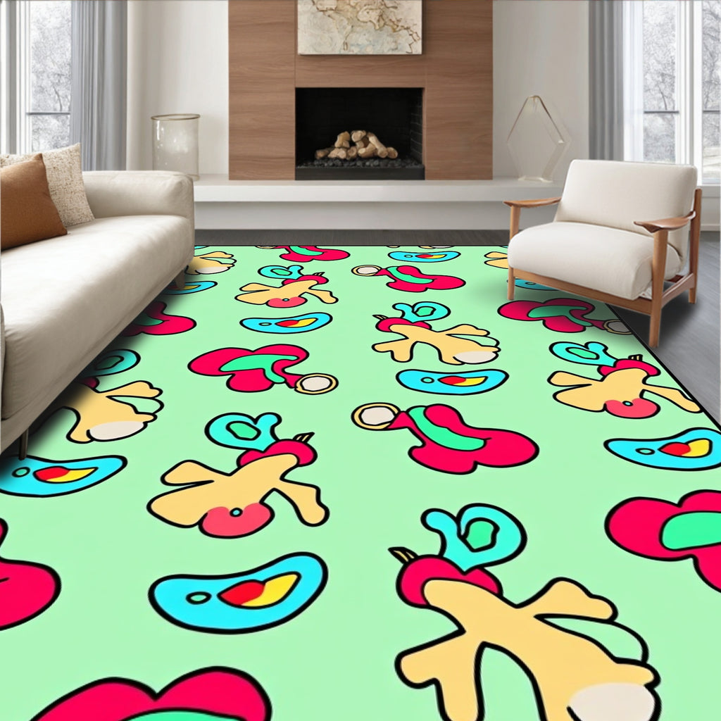 Light Green Whimsical Cartoon Characters Rug