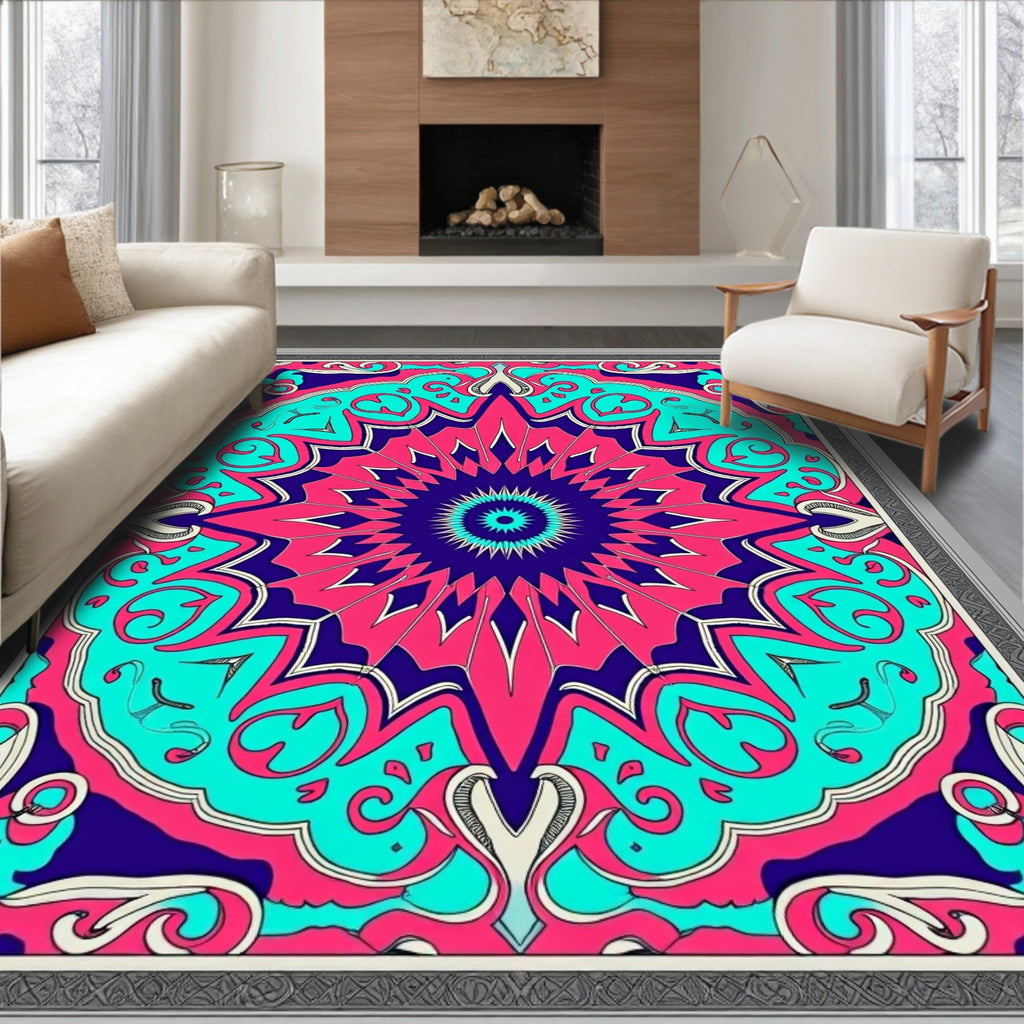 Vibrant Teal Pink Starburst Mandala Rug