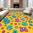 Playful Blue Pink Creatures Yellow Ground Rug