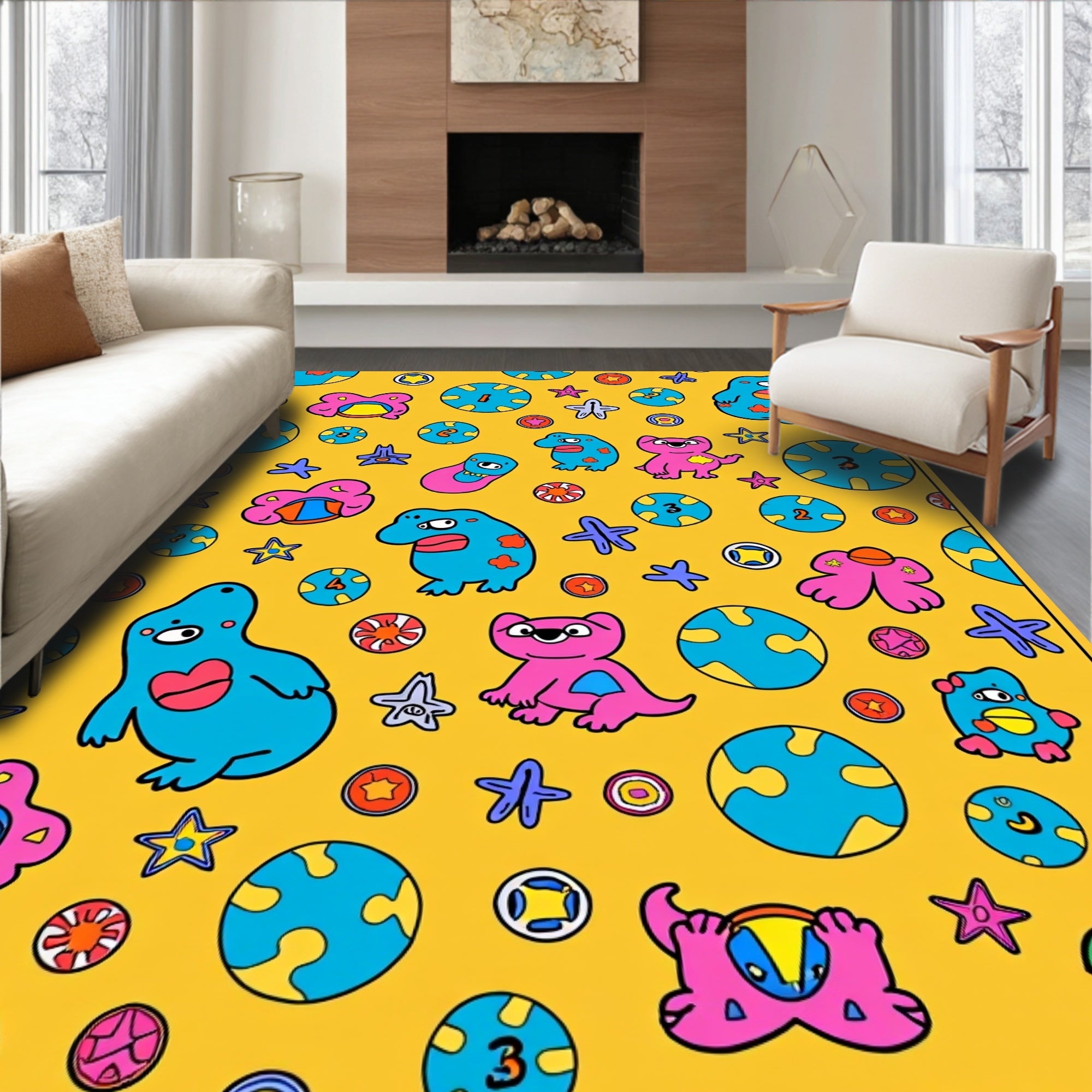 Playful Blue Pink Creatures Yellow Ground Rug