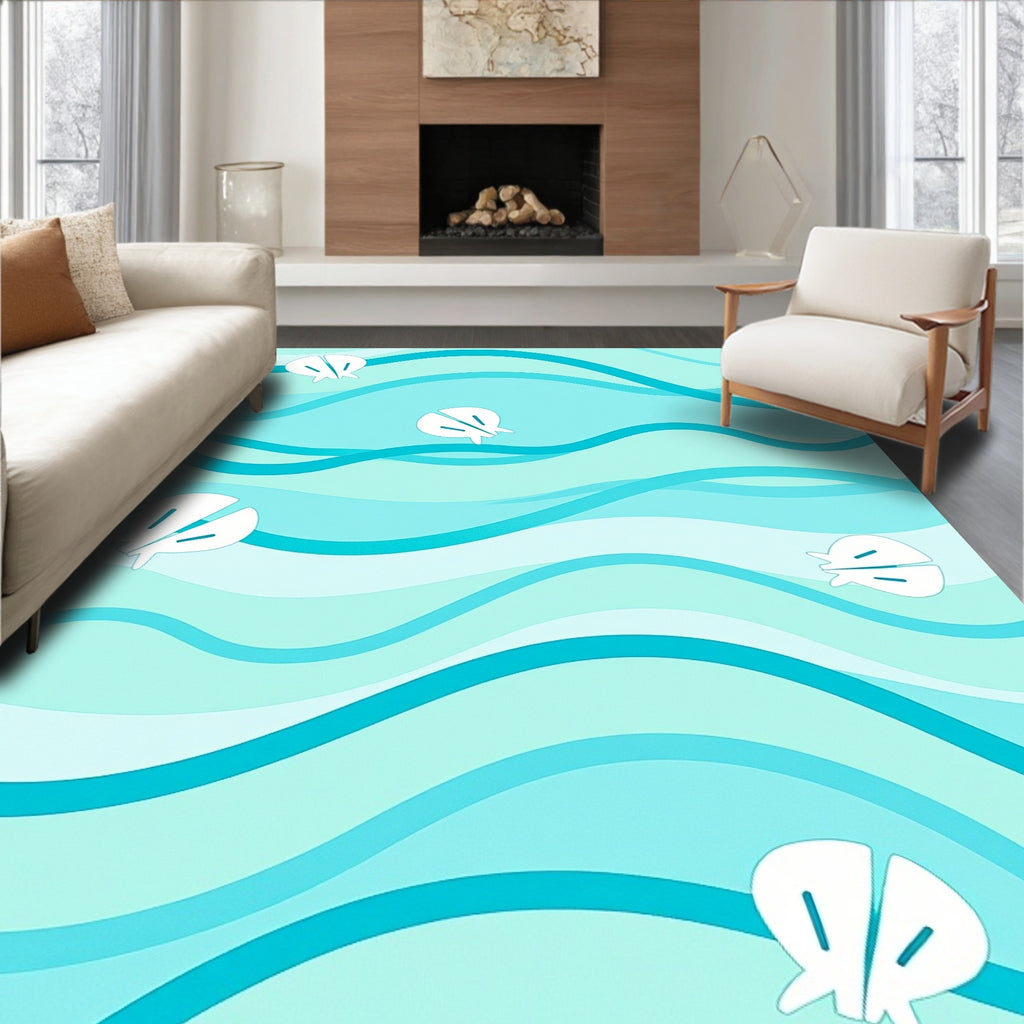 Aqua Waves with White Shells Rug