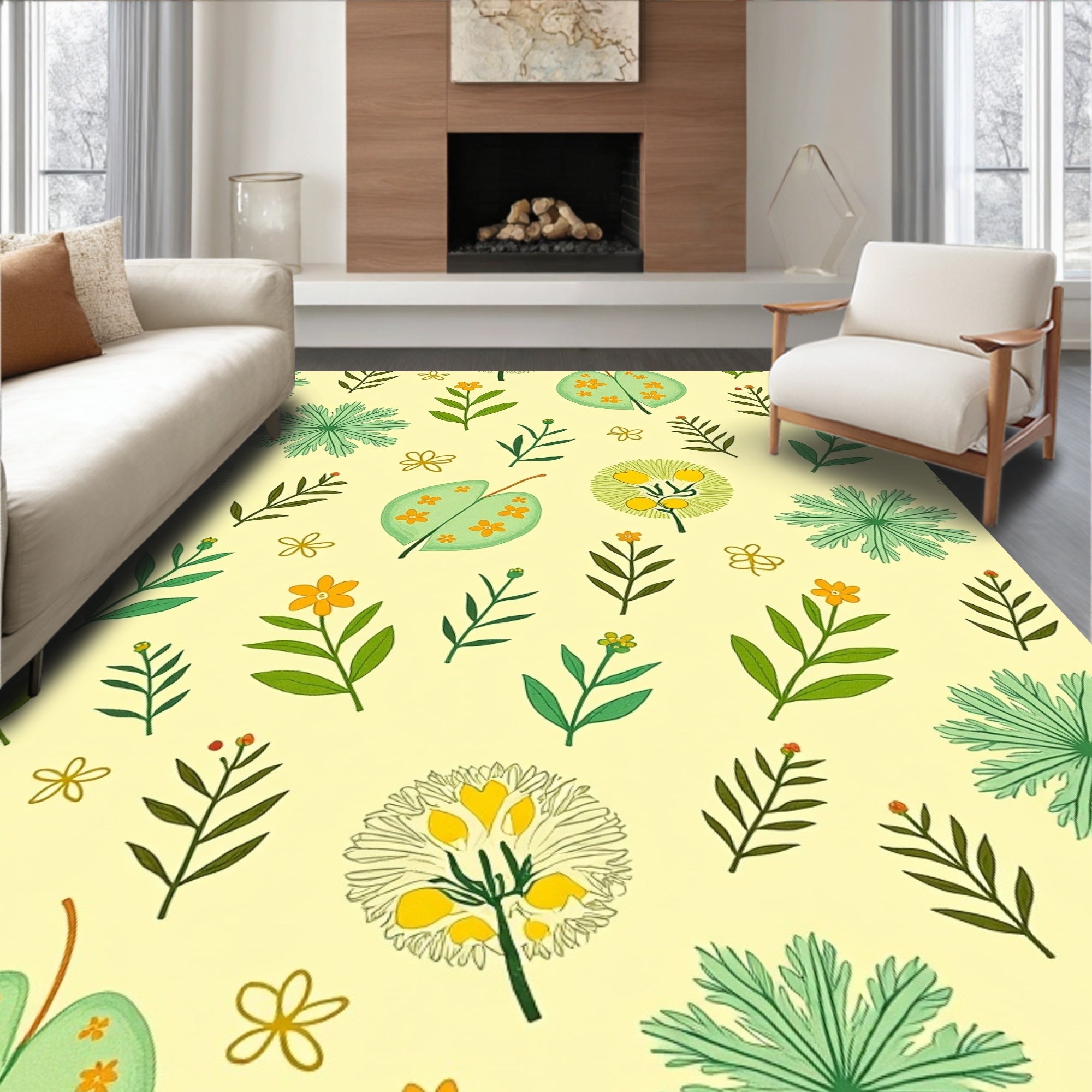 Whimsical Yellow Leafy Botany Collage Rug